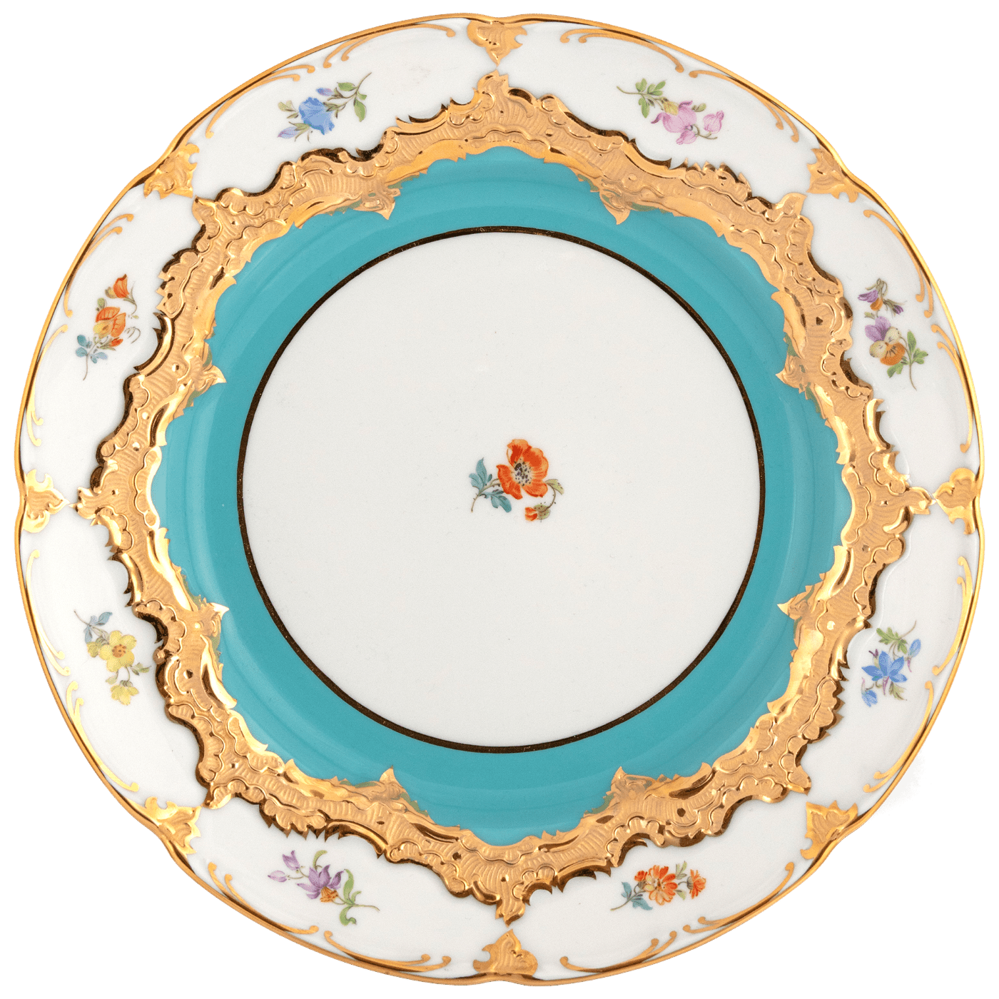 Vorspeise - und Dessertteller, Gestreute Blümchen, türkis glasiert, Goldbronze, Ø 20 cm | Meissen B - Form 017179 - 15501 - Meissen Weimar