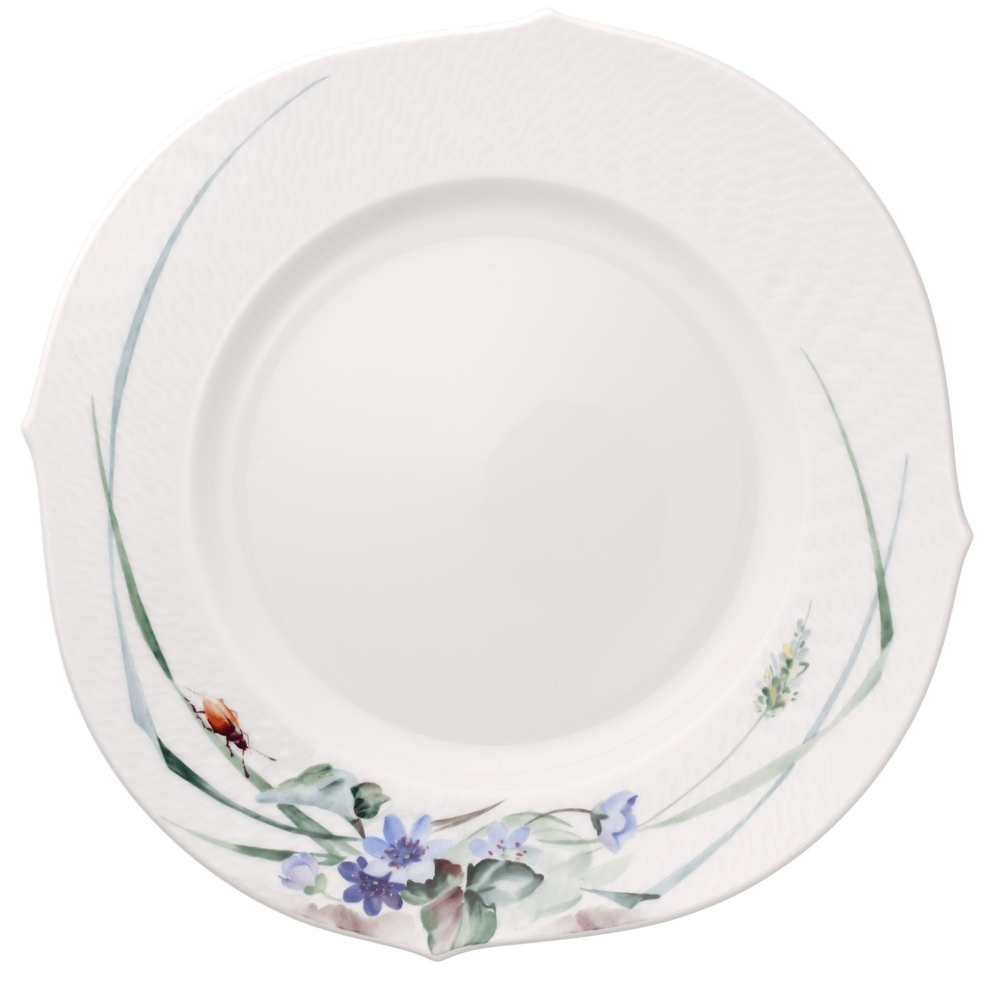 Vorspeise - und Dessertteller, Waldflora mit Insekten, bunt, weißer Rand, Ø 22,5 cm | Meissen Wellenspiel Relief 614501 - 29472 - Meissen Weimar