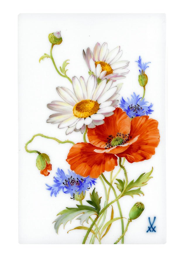 Wandbild, Blumenmalerei, bunt, 'Wilder Mohn' mit Margeriten und Kornblumen, 16 x 10 cm | Meissen - Tafelbild 61A085 - 96210 - Meissen Weimar
