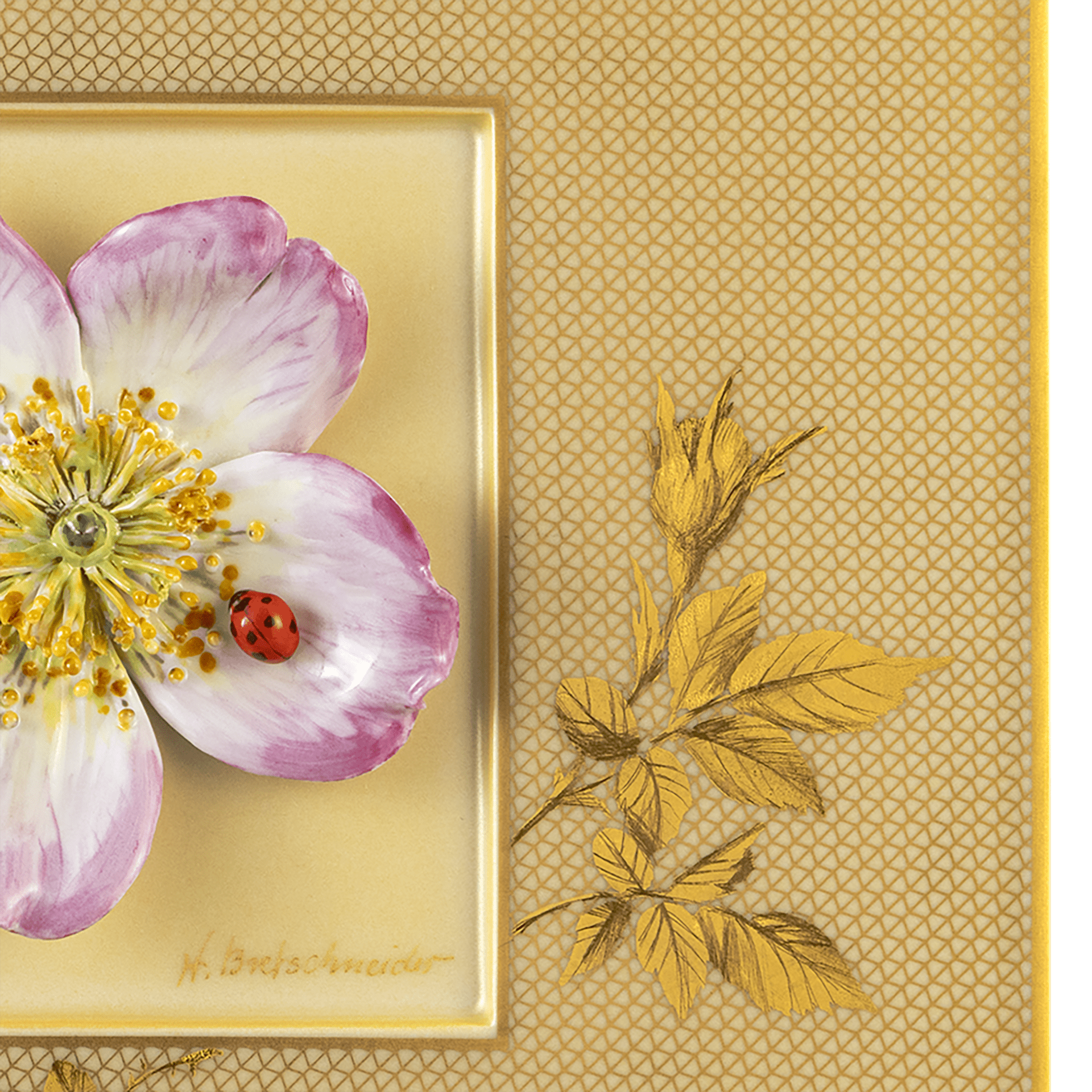 Wandbild Heckenrose mit Marienkäfer, 23 x 23 cm | Meissen Unikate 63c059-u6670 - Meissen Weimar