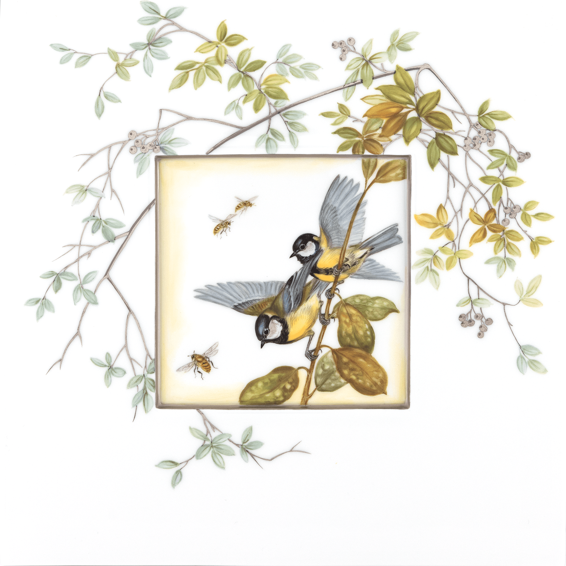 Wandbild Kohlmeisen mit Insekten, 23 cm Höhe | Meissen Limitierte Meisterwerke 261784-9m008 - Meissen Weimar