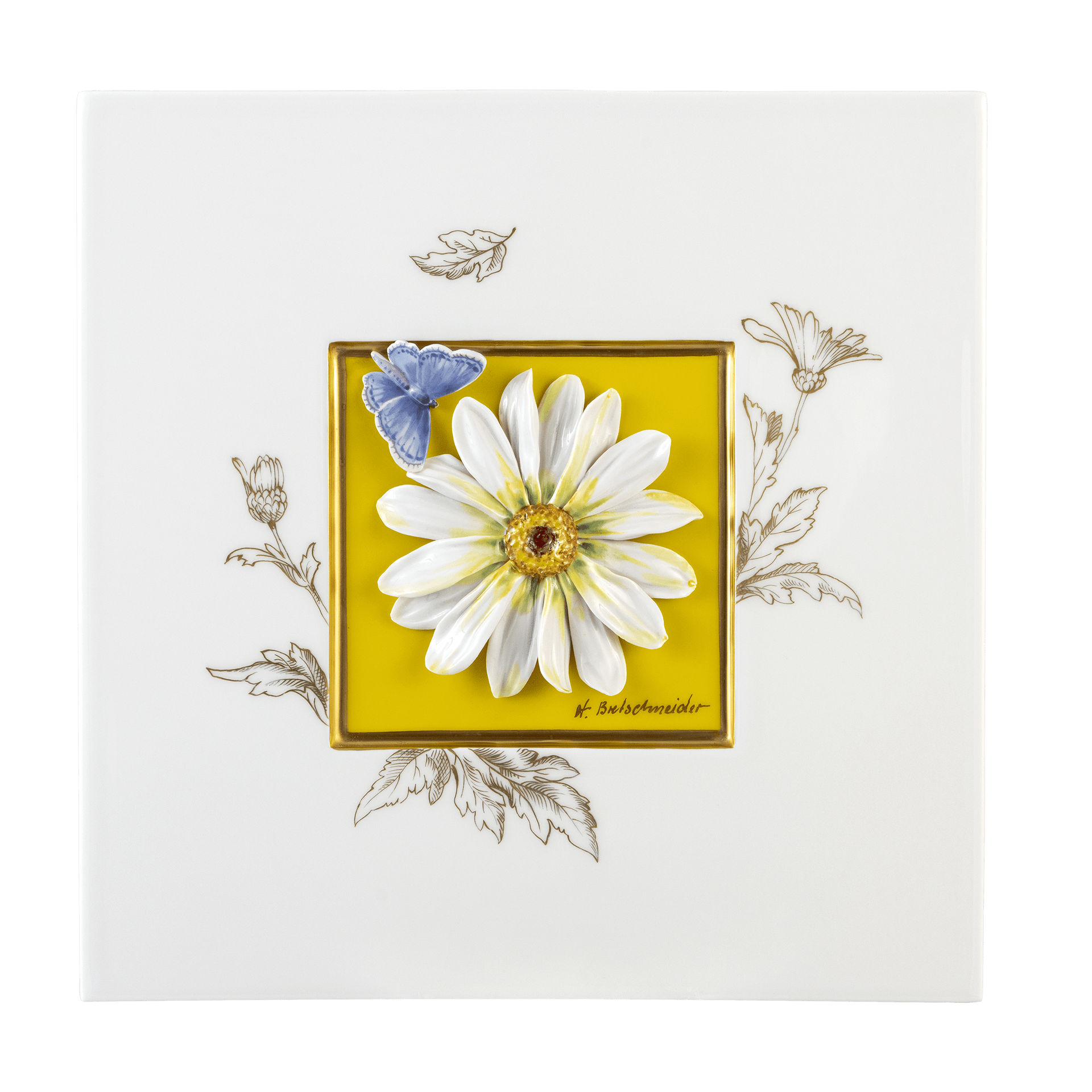 Wandbild Margerite mit Schmetterling, 23 x 23 cm | Meissen Wandbilder - Edition 63c059-u6673 - Meissen Weimar
