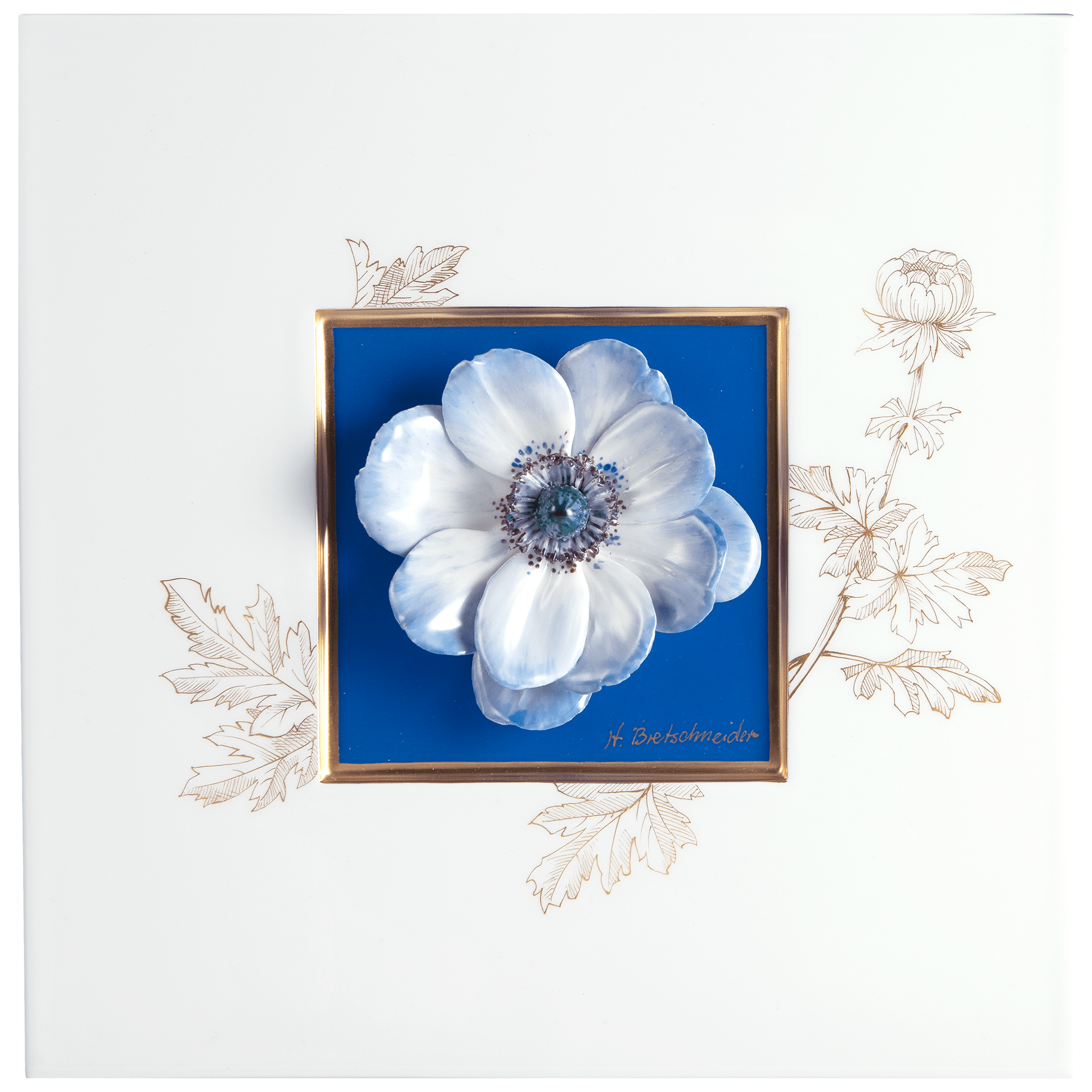 Wandbild mit Anemonenblüte, Blauer Fond, Sign. H. Bretschneider, H 23 cm | Meissen Wandbild 932890 - 9M864 - Meissen Weimar