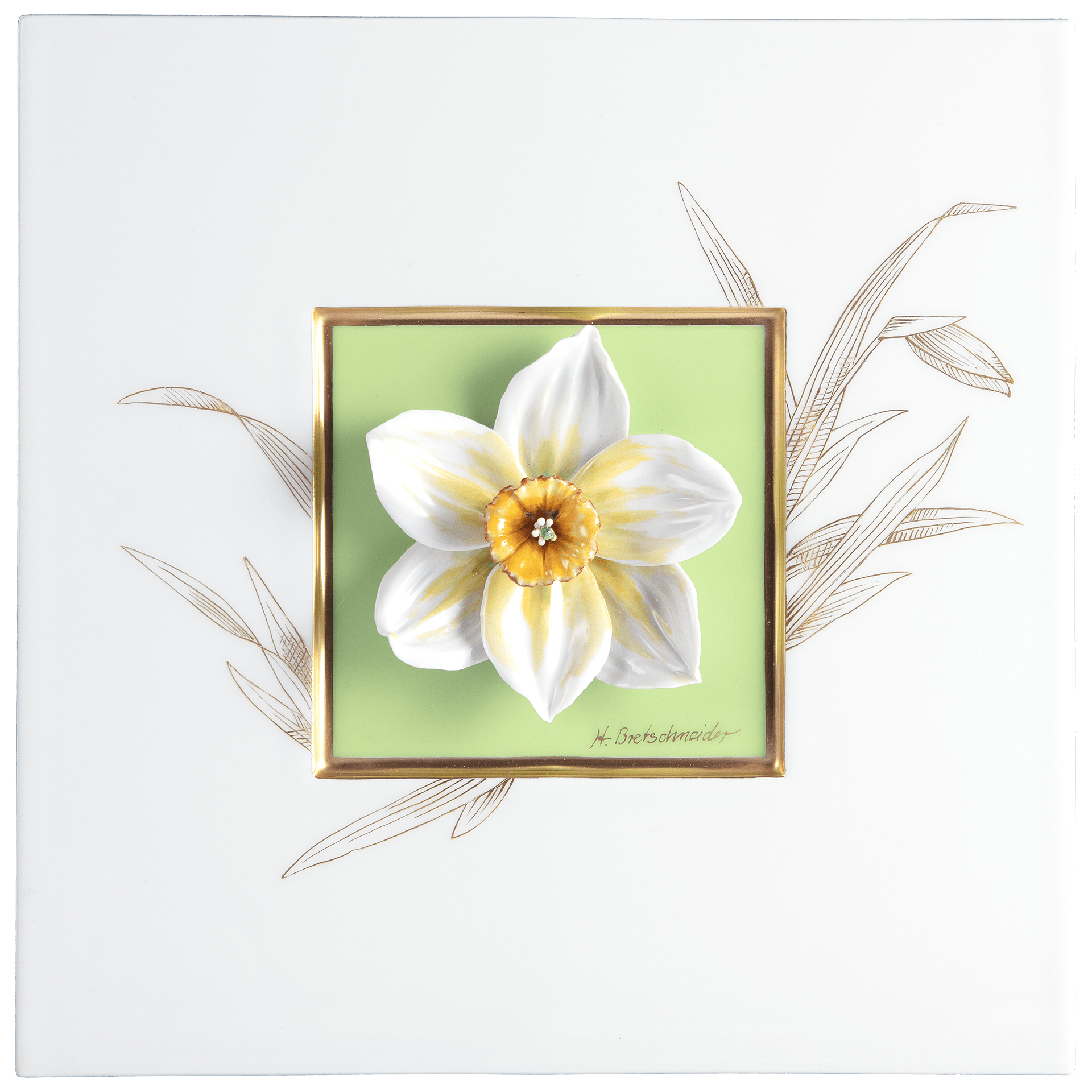 Wandbild mit Narzissenblüte, Hellgrüner Fond, Sign. H. Bretschneider, H 23 cm | Meissen Tafelaufsatz 932490 - 9M860 - Meissen Weimar