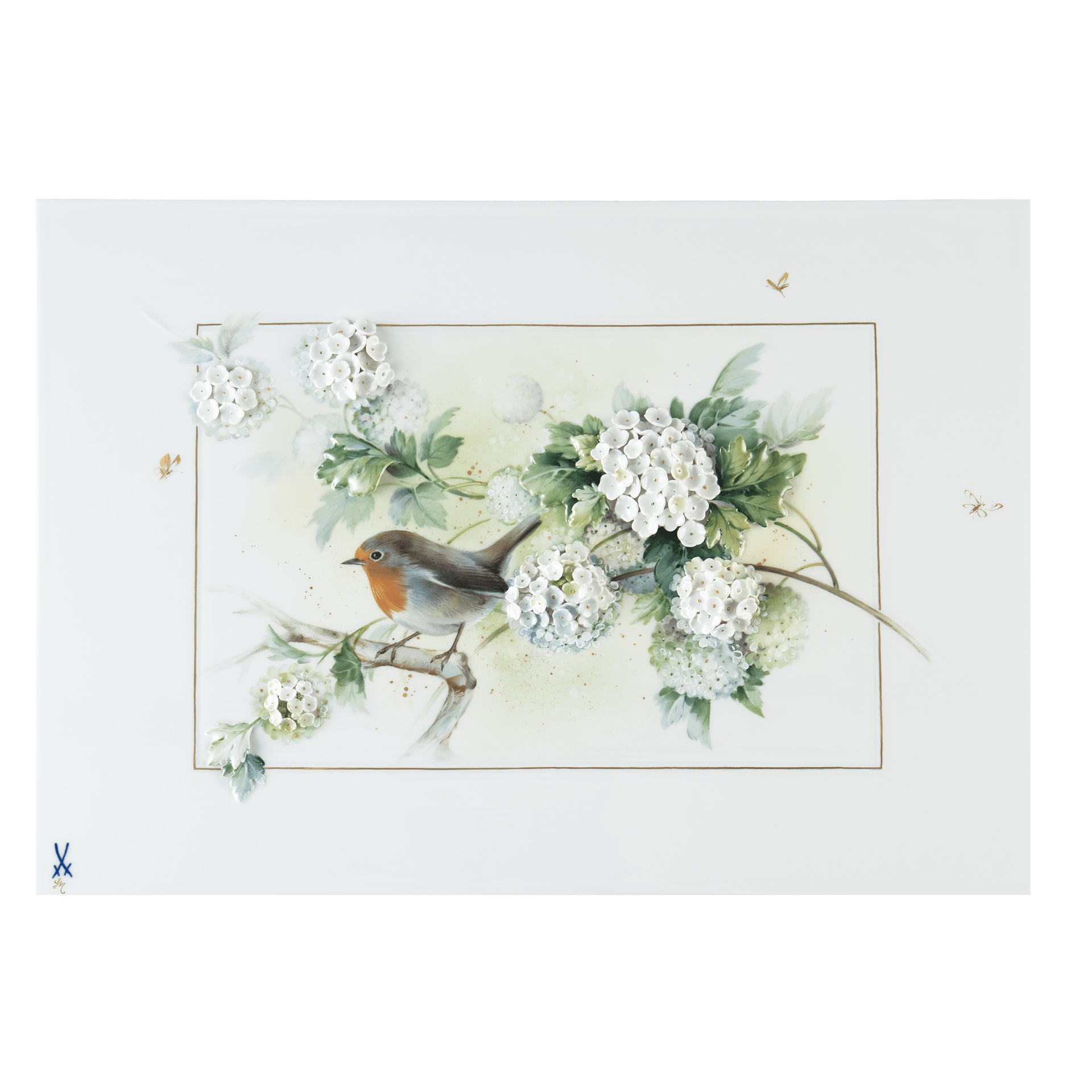Wandbild Rotkehlchen auf Schneeballblüten, Porzellan, H 30 cm | Meissen Limitierte Meisterwerke 930d84-9m869 - Meissen Weimar