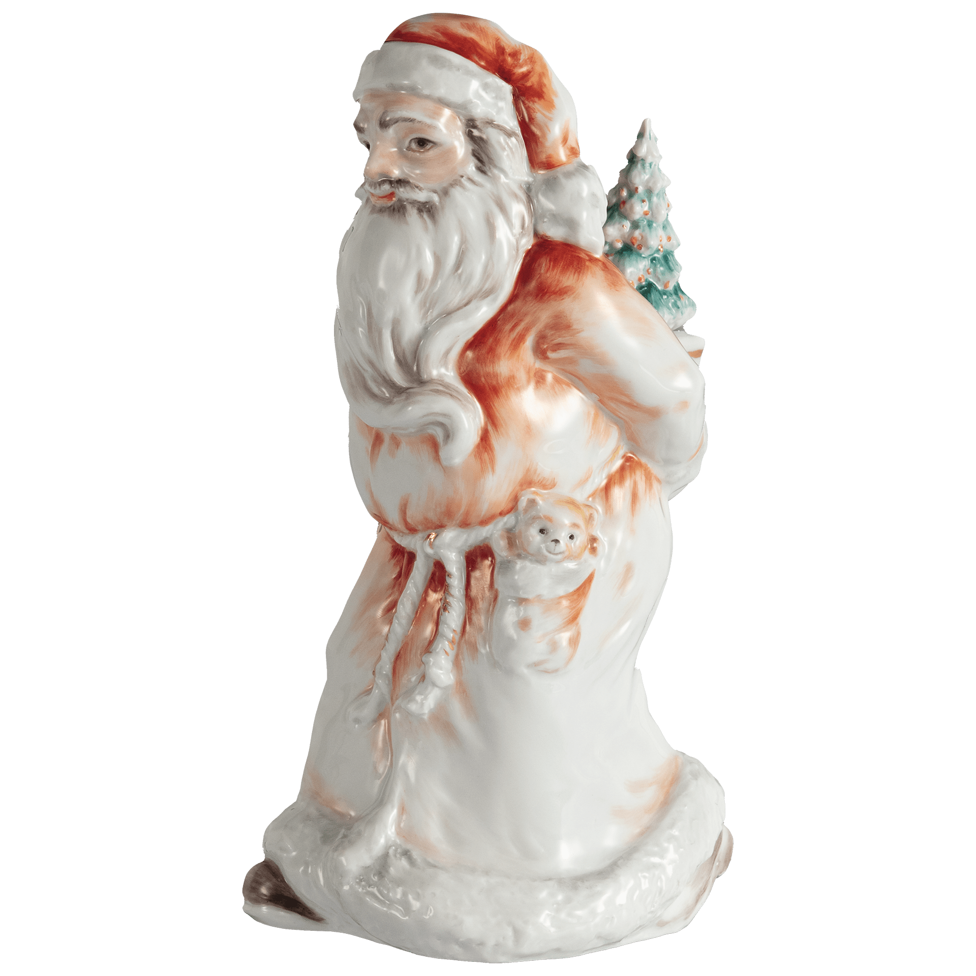 Weihnachtsmann, stehend mit Baum, Bunt und gold staffiert - , H 19 cm | Meissen Einzelplastik 900300 - 83675 - Meissen Weimar