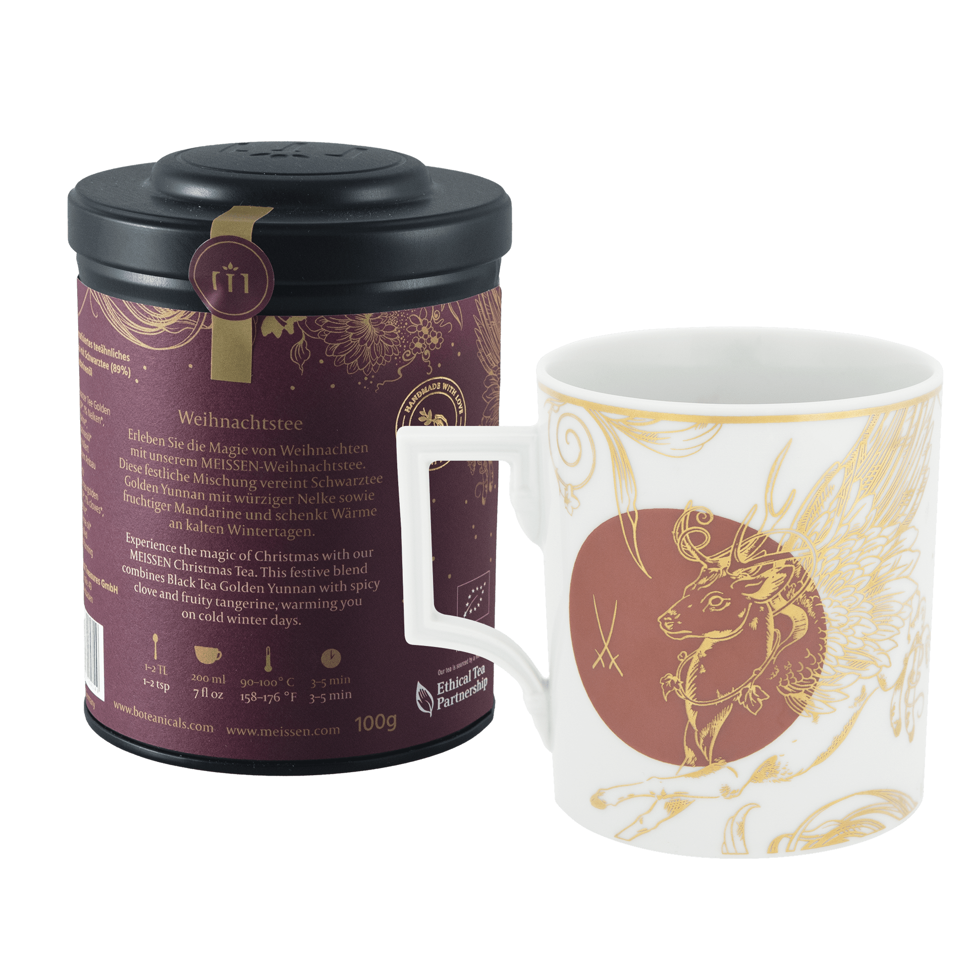 Weihnachtstee - Set, 2 - tlg., BOTEANICALS Christmas Tea 100g, 1 Henkelbecher, Mug "MEISSEN Christmas Peryton" | Meissen - Set Kollektion Genußwelten VS - 79B372 - 55810 - 001 - Meissen Weimar