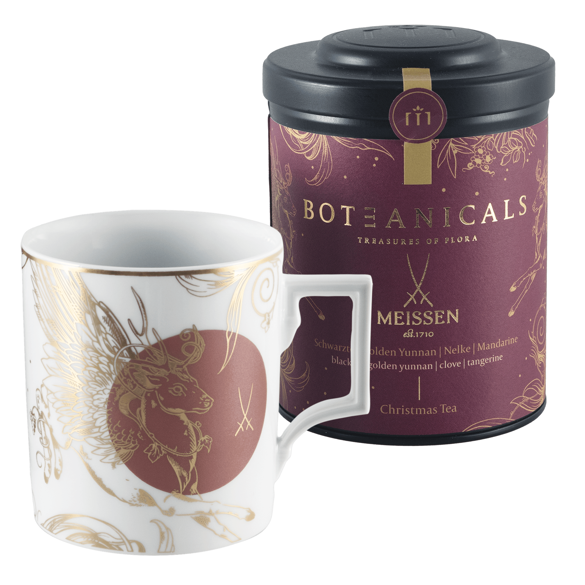 Weihnachtstee - Set, 2 - tlg., BOTEANICALS Christmas Tea 100g, 1 Henkelbecher, Mug "MEISSEN Christmas Peryton" | Meissen - Set Kollektion Genußwelten VS - 79B372 - 55810 - 001 - Meissen Weimar