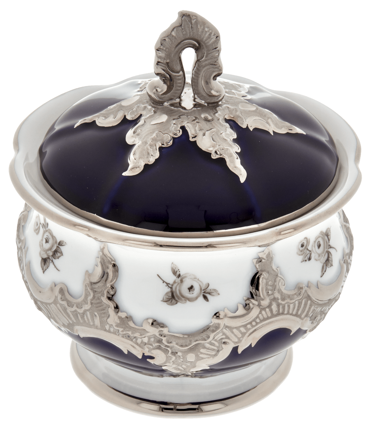 Zuckerdose, Gestreute Röschen, weiß - grau, königsblau, Glanzplatin, H 12 cm | Meissen B - Form 018677 - 15823 - Meissen Weimar