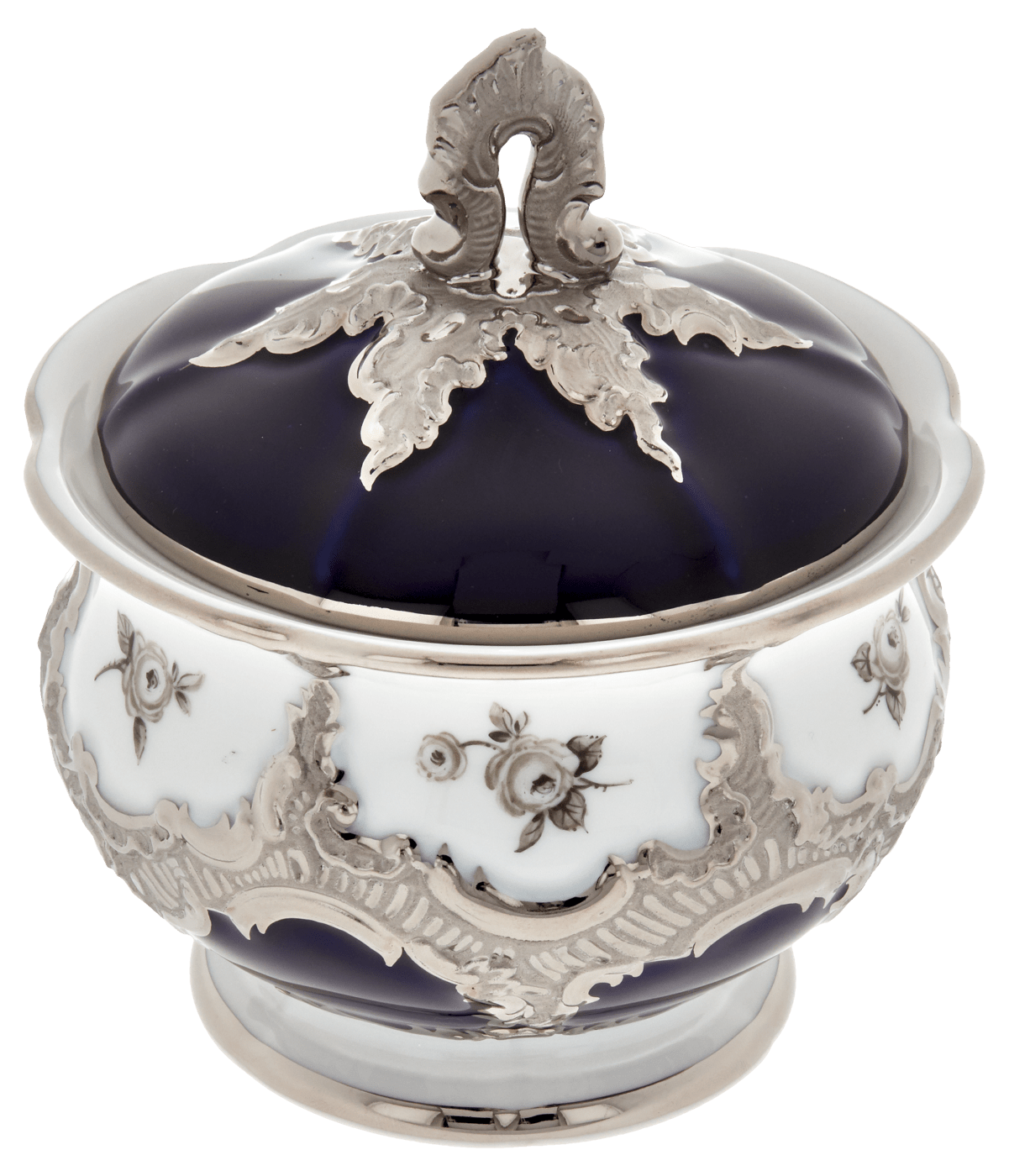 Zuckerdose, Gestreute Röschen, weiß - grau, königsblau, Glanzplatin, H 12 cm | Meissen B - Form 018677 - 15823 - Meissen Weimar