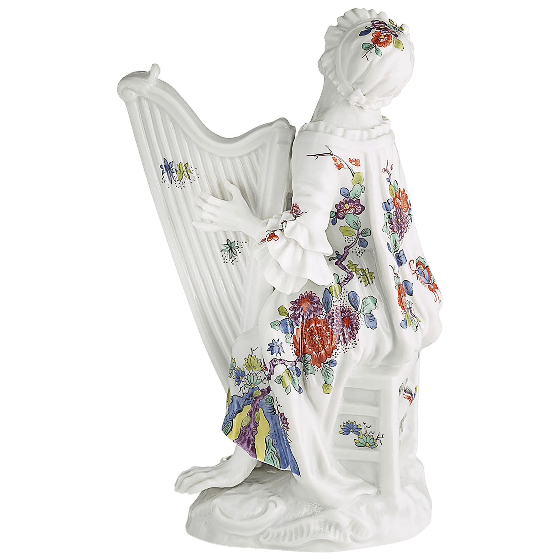 Affenkapelle Harfenistin, Alte indische Blumen - und Kranichmalerei, H 12 cm | Meissen Figuren - Edition Affenkapelle 91c121 - 60021 - Meissen Weimar