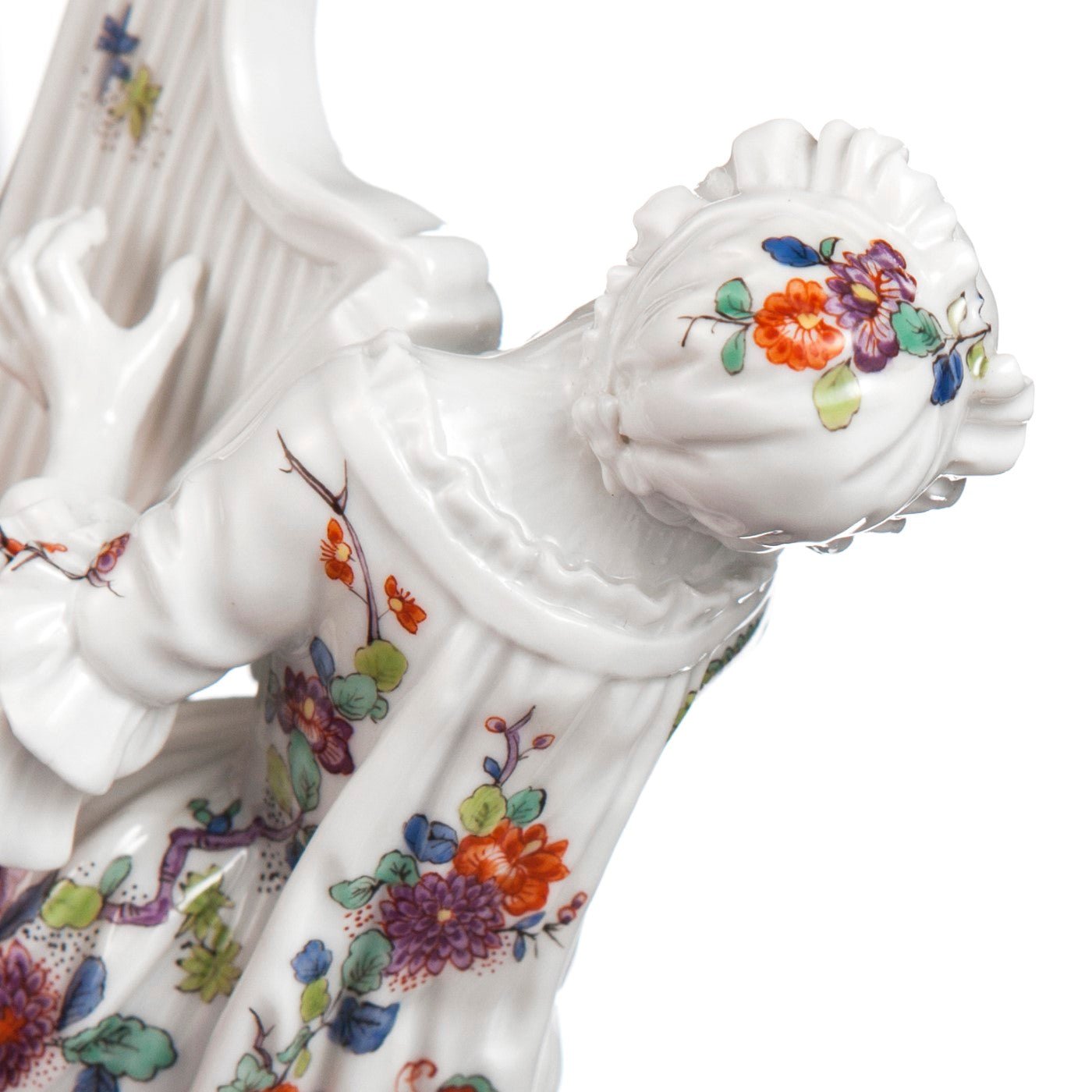 Affenkapelle Harfenistin, Alte indische Blumen - und Kranichmalerei, H 12 cm | Meissen Figuren - Edition Affenkapelle 91c121 - 60021 - Meissen Weimar