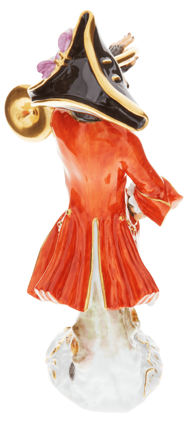 Affenkapelle Waldhornbläser Figur, handbemalt, H 15 cm | Meissen Figuren - Edition Affenkapelle 90c300 - 60009 - Meissen Weimar