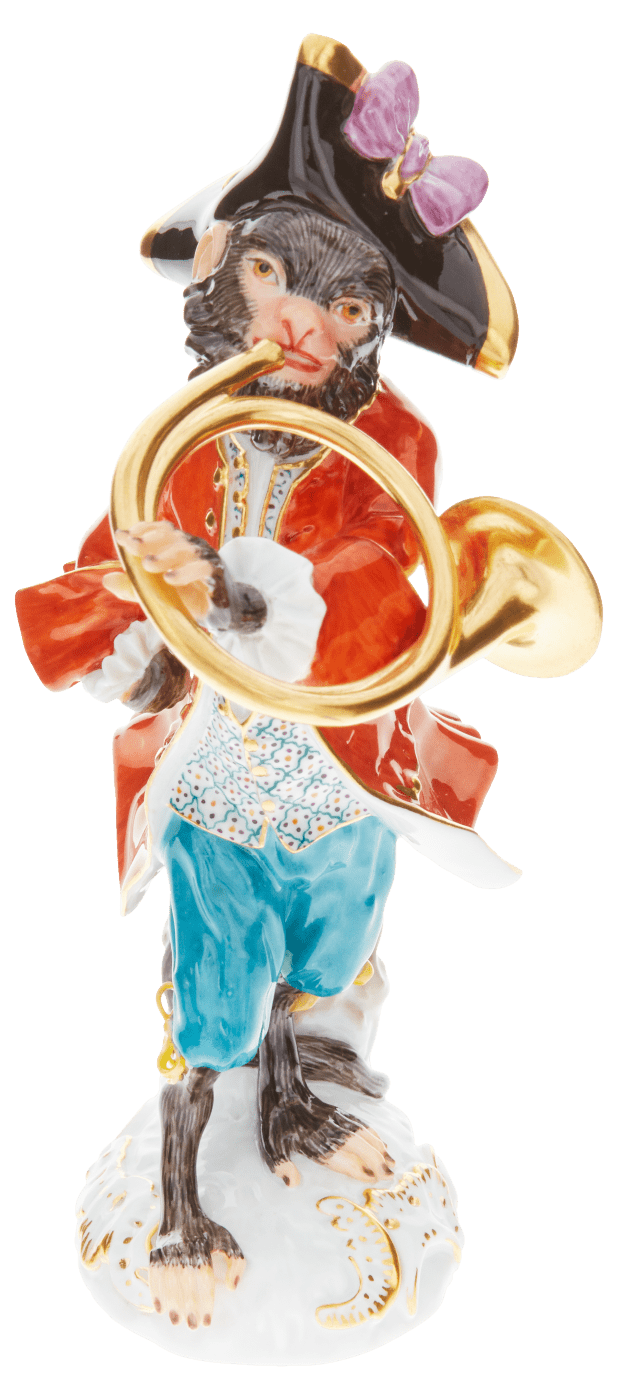 Affenkapelle Waldhornbläser Figur, handbemalt, H 15 cm | Meissen Figuren - Edition Affenkapelle 90c300 - 60009 - Meissen Weimar