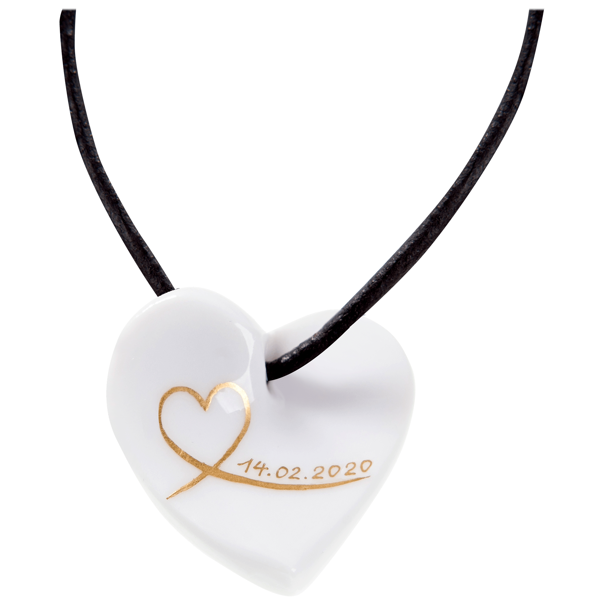 Anhänger "Geschwungenes Herz" mit Datum in Gold, einzeilig, 2,5 x 2,5 cm | Meissen Geschenkanhänger MPJ20HES2074 - Meissen Weimar