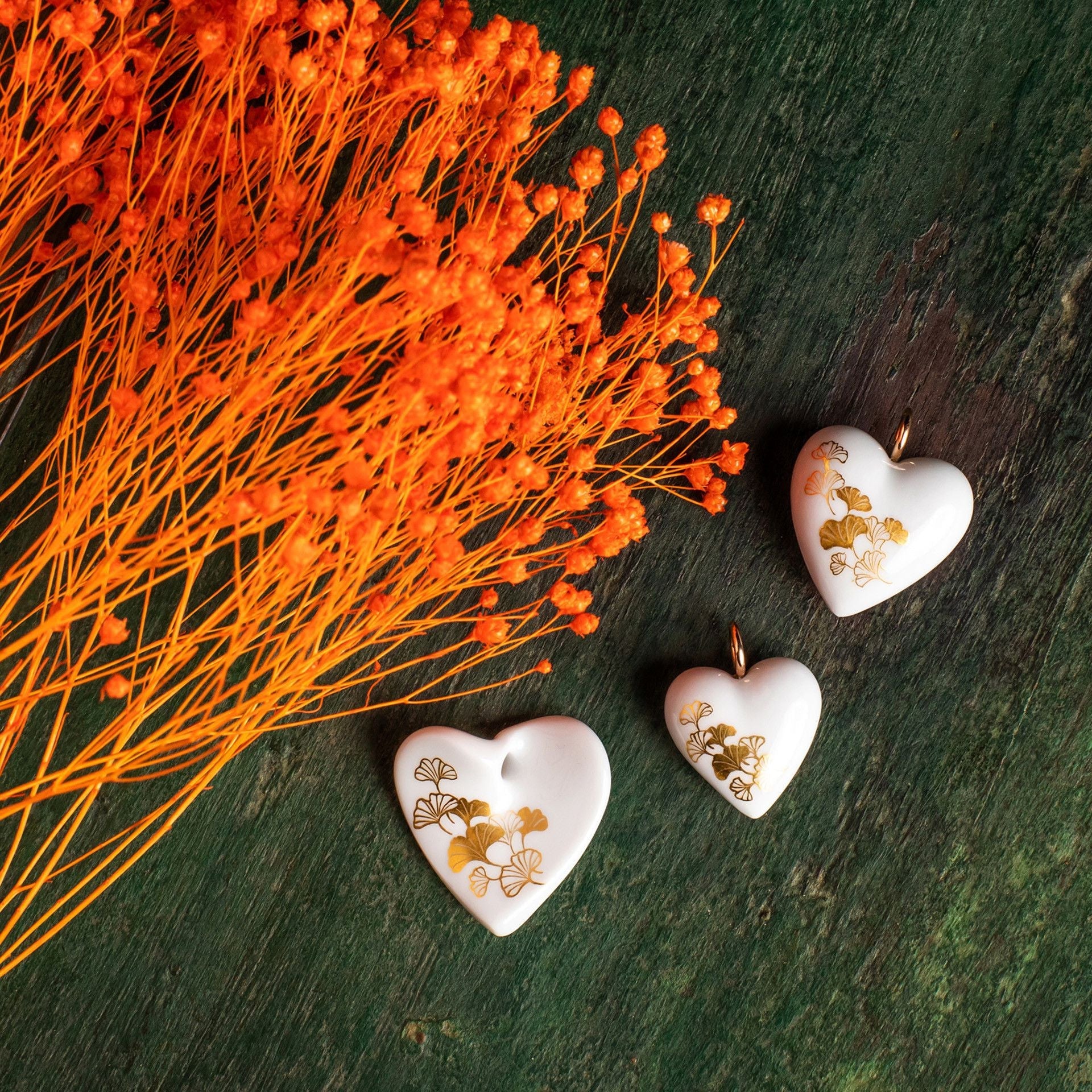 Anhänger Herz groß Öse Roségold, Ginkgo Blätter,gold, 2,4 x 2 cm | Meissen Jewellery Herz 71A178 - 71M02 - Meissen Weimar