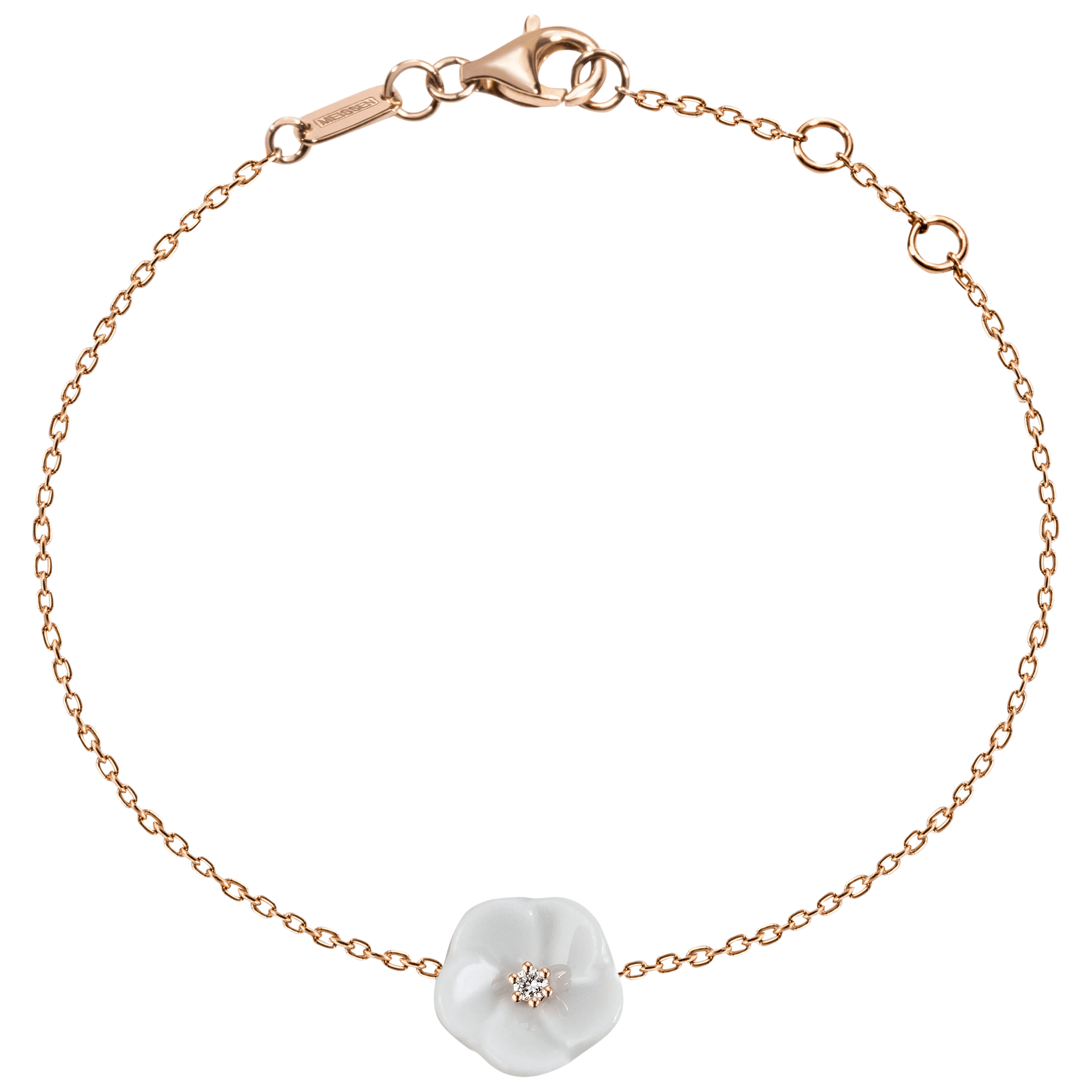 Armband Basic, 750 Roségold, 1 Porzellanblüte S mit 1 Brillant 0,02 ct, TW, VSI, Vollschliff Gut, 19cm, Öse bei 17cm | Meissen Royal Blossom Collection MPJ30BL116C19 - Meissen Weimar