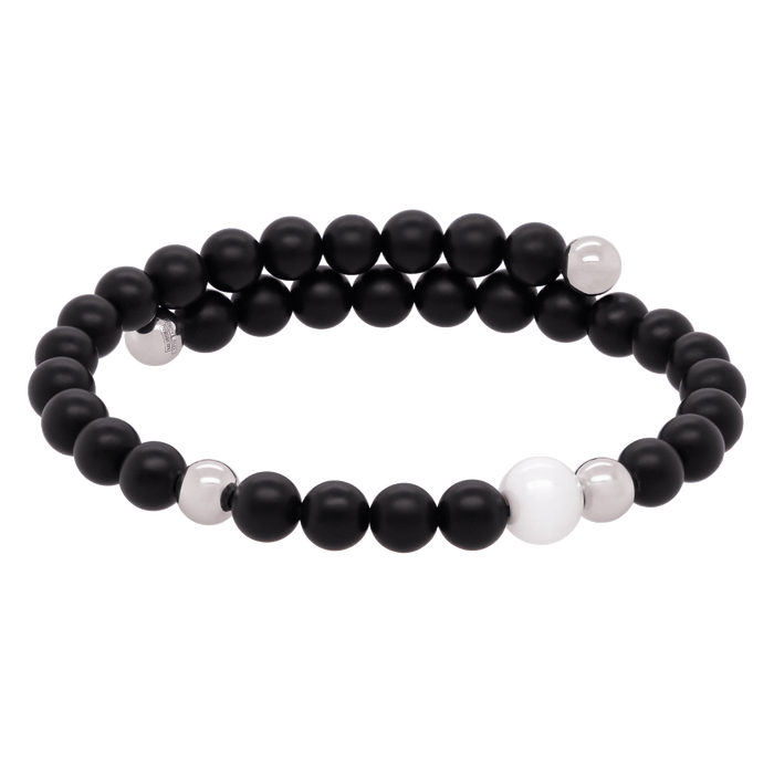 Armreif Onyx, asymmetrisch, 1 Porzellanperle 8 mm, 4 Perlen 6 mm 925 Sterlingsilber, 32 Onyx Perlen 6 mm | Meissen Pearl Collection Onyx