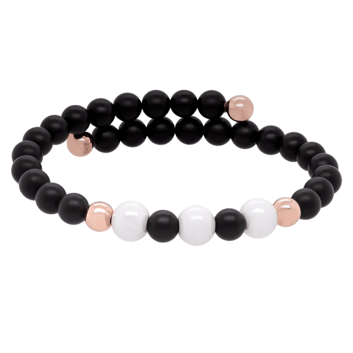 Armreif symmetrisch, 3 Porzellanperlen 8 mm, 4 Perlen 6 mm 925 Silber rosé vergoldet, 28 Onyx Perlen 6 mm | Meissen Pearl Collection Onyx