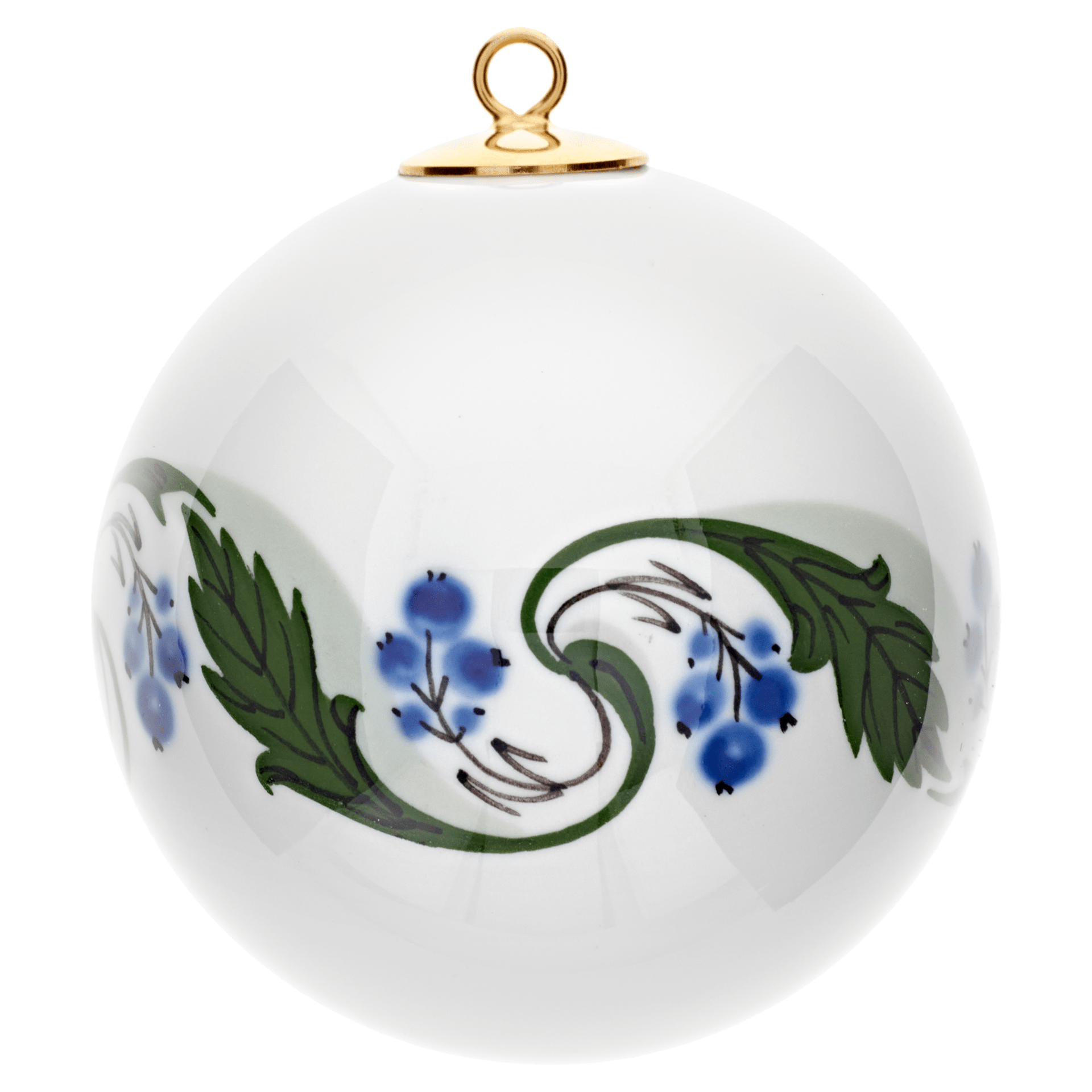 Baumschmuck Kugel, Mahonienranke, grün, Früchte, blau, weißer Rand, Ø 5 cm | Meissen Zweigschmuck Kugel Kollektion 841801 - 55M09 - Meissen Weimar
