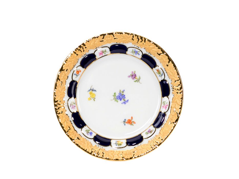 Brotteller, gestreute Blümchen, königsblau glasiert, Goldbronze, Ø 14 cm | Meissen X - Form 011079 - 17500 - Meissen Weimar