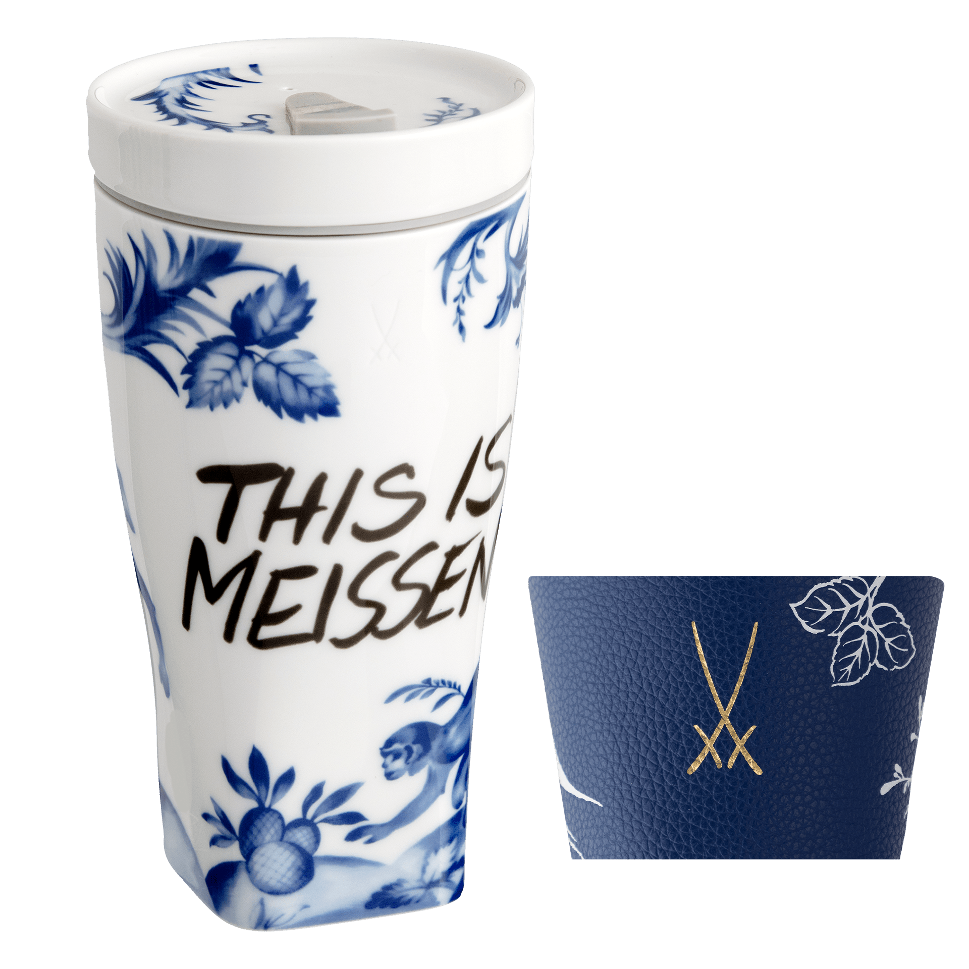 Coffee to go Becher Affe & Faultier Kobaltblau Ø 9 cm, 0,35 l mit Manschette | Meissen Coffee to go Collection - Nova vs-79a933-46m01 - Meissen Weimar