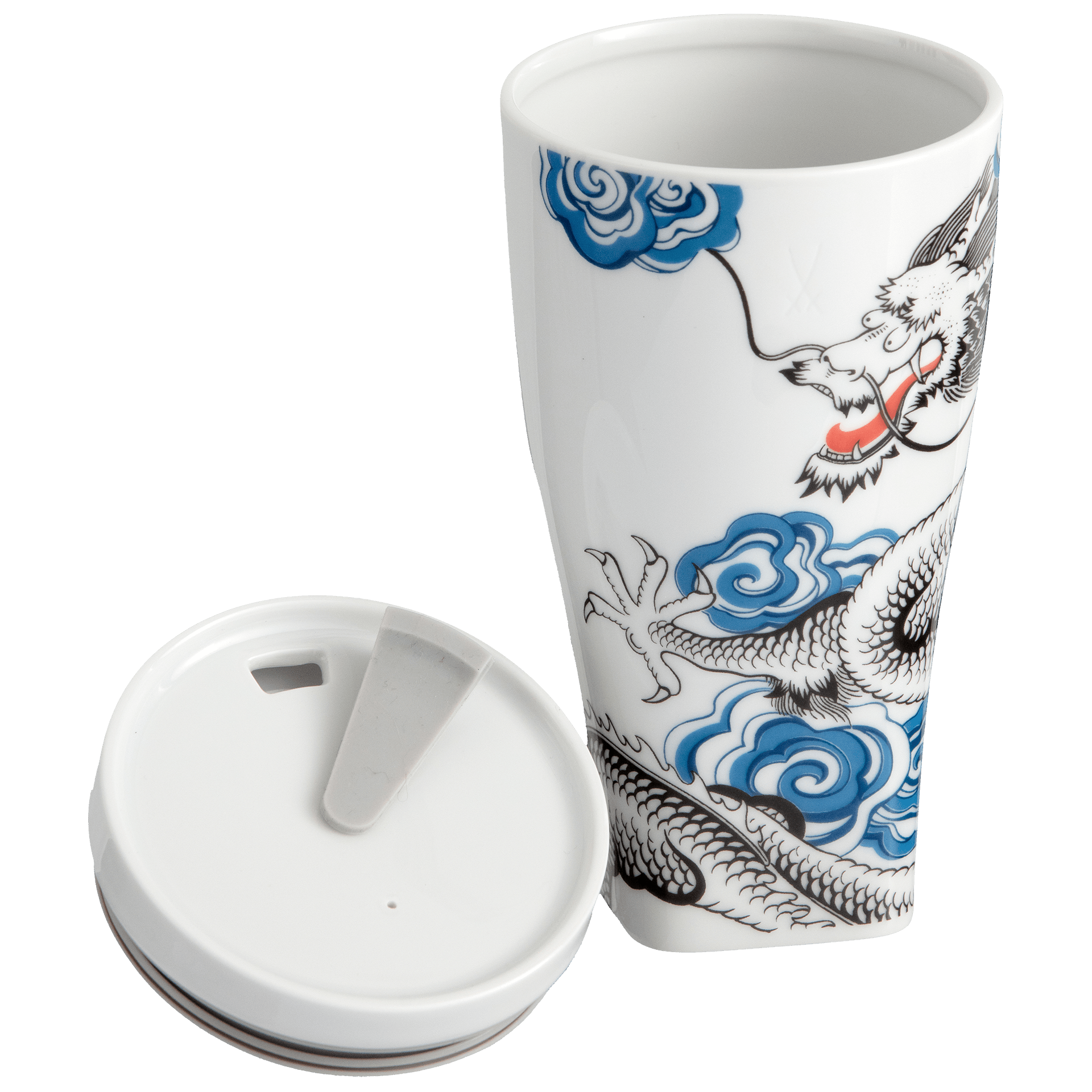 Coffee to go Becher Glücksdrache mit Manschette, Weiß - Blau, V 0,35 l | Meissen Coffee to go Collection - Nova vs-79a934-46m01 - Meissen Weimar