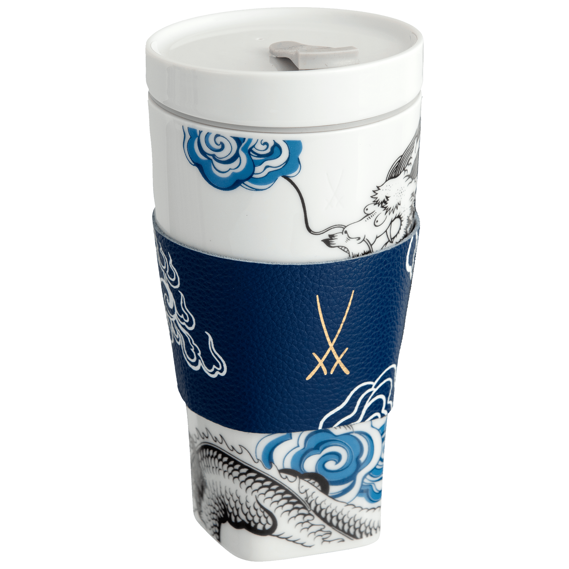 Coffee to go Becher Glücksdrache mit Manschette, Weiß - Blau, V 0,35 l | Meissen Coffee to go Collection - Nova vs-79a934-46m01 - Meissen Weimar