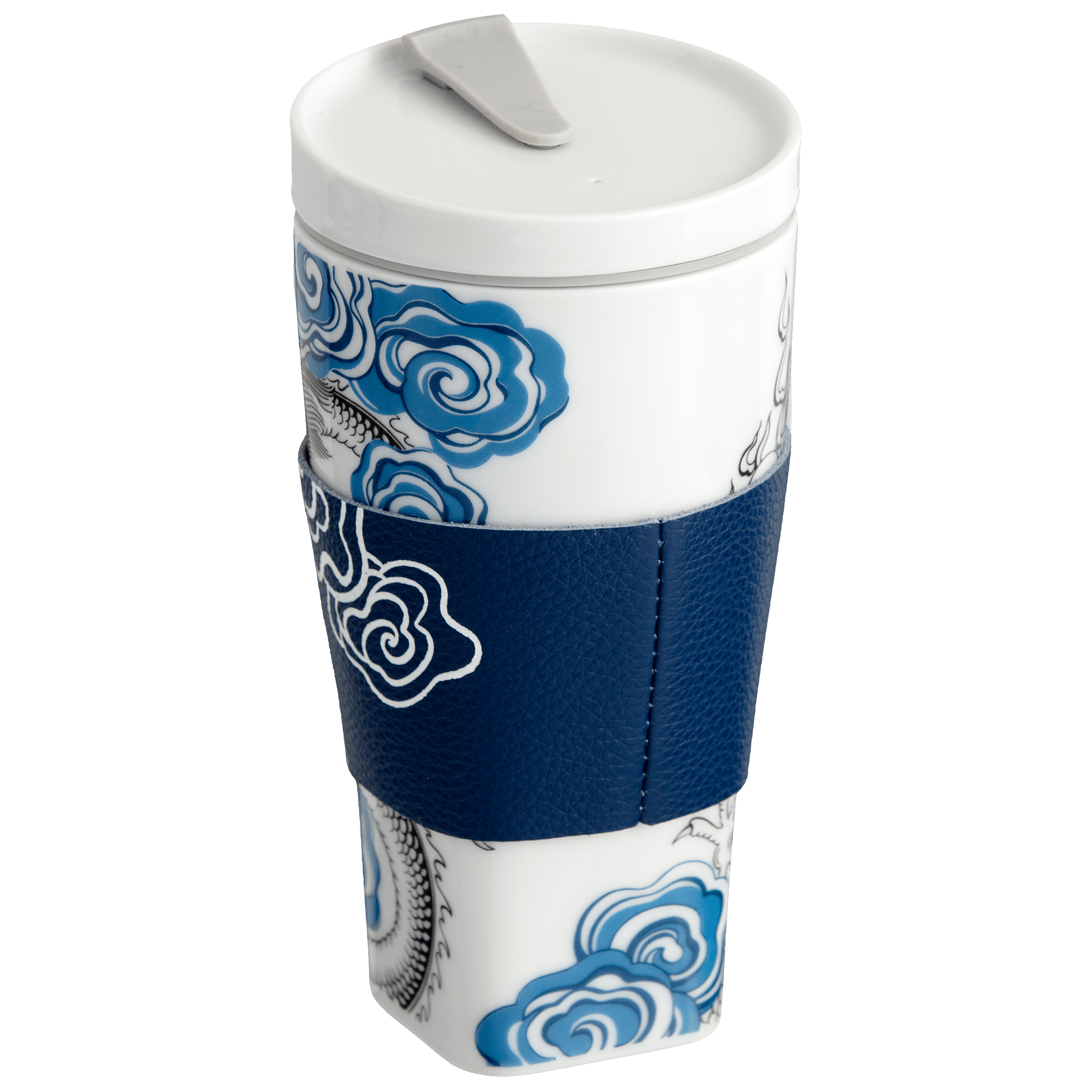 Coffee to go Becher Glücksdrache mit Manschette, Weiß - Blau, V 0,35 l | Meissen Coffee to go Collection - Nova vs-79a934-46m01 - Meissen Weimar