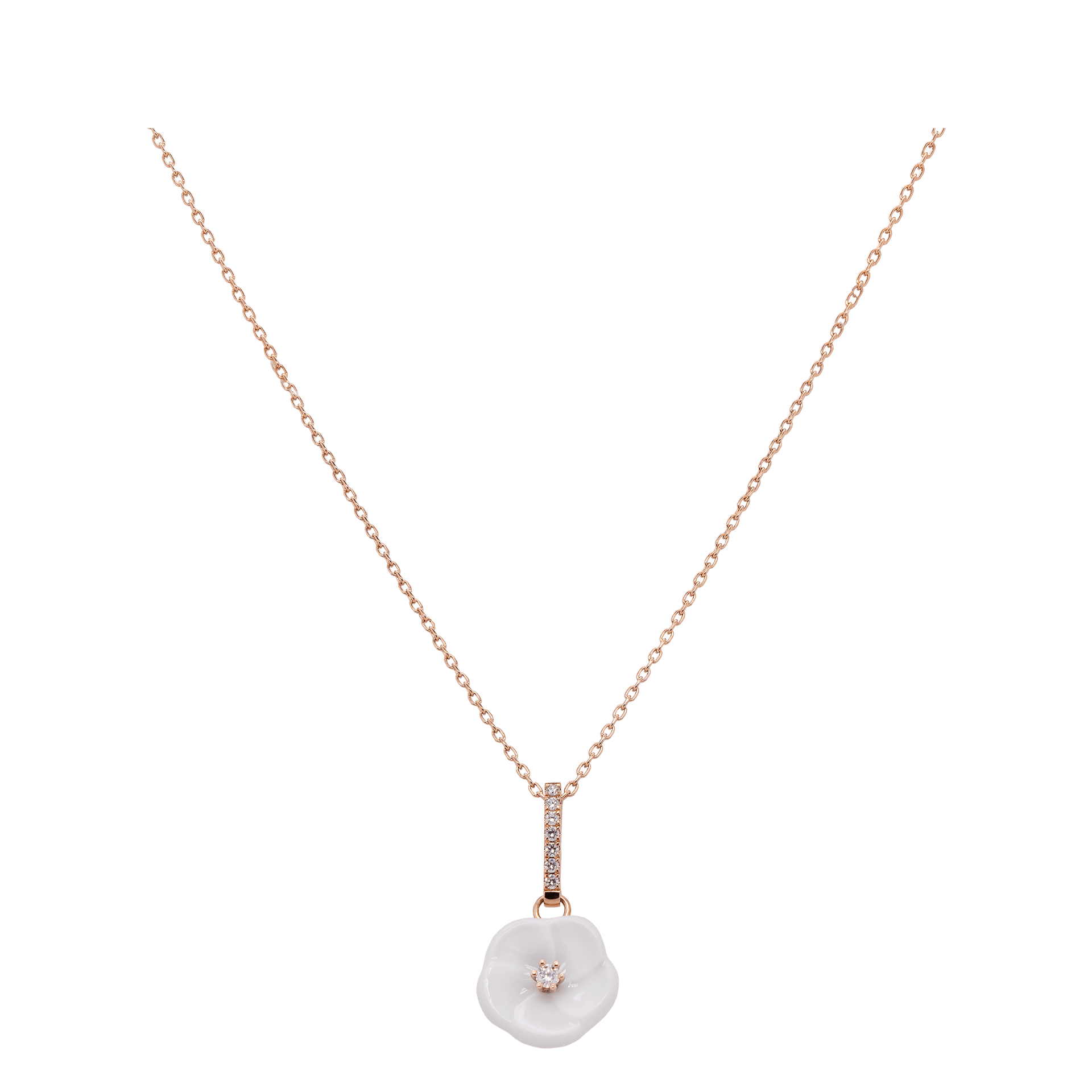Collier, 750 Roségold, Länge 45/42 cm, 1 Porzellanblüte M, 8 Brillanten 0,13 ct, VS, fw, Vollschliff Gut | Meissen Royal Blossom Diamond MPJ20BL178C45 - Meissen Weimar