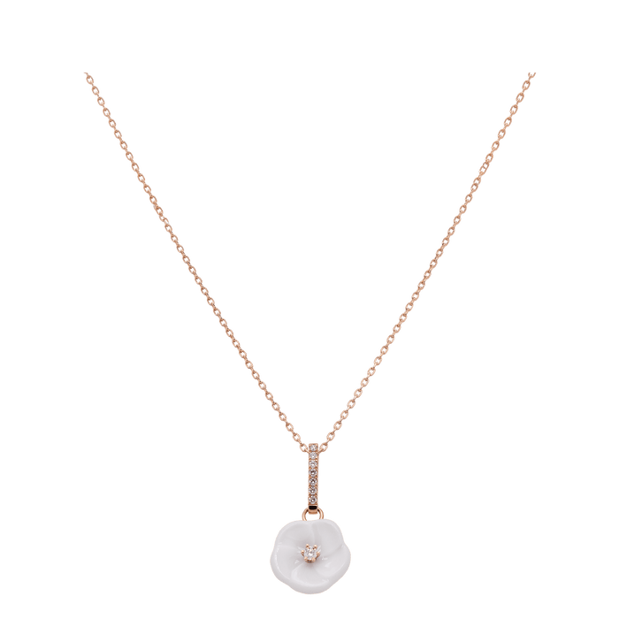 Collier, 750 Roségold, Länge 45/42 cm, 1 Porzellanblüte M, 8 Brillanten 0,13 ct, VS, fw, Vollschliff Gut | Meissen Royal Blossom Diamond