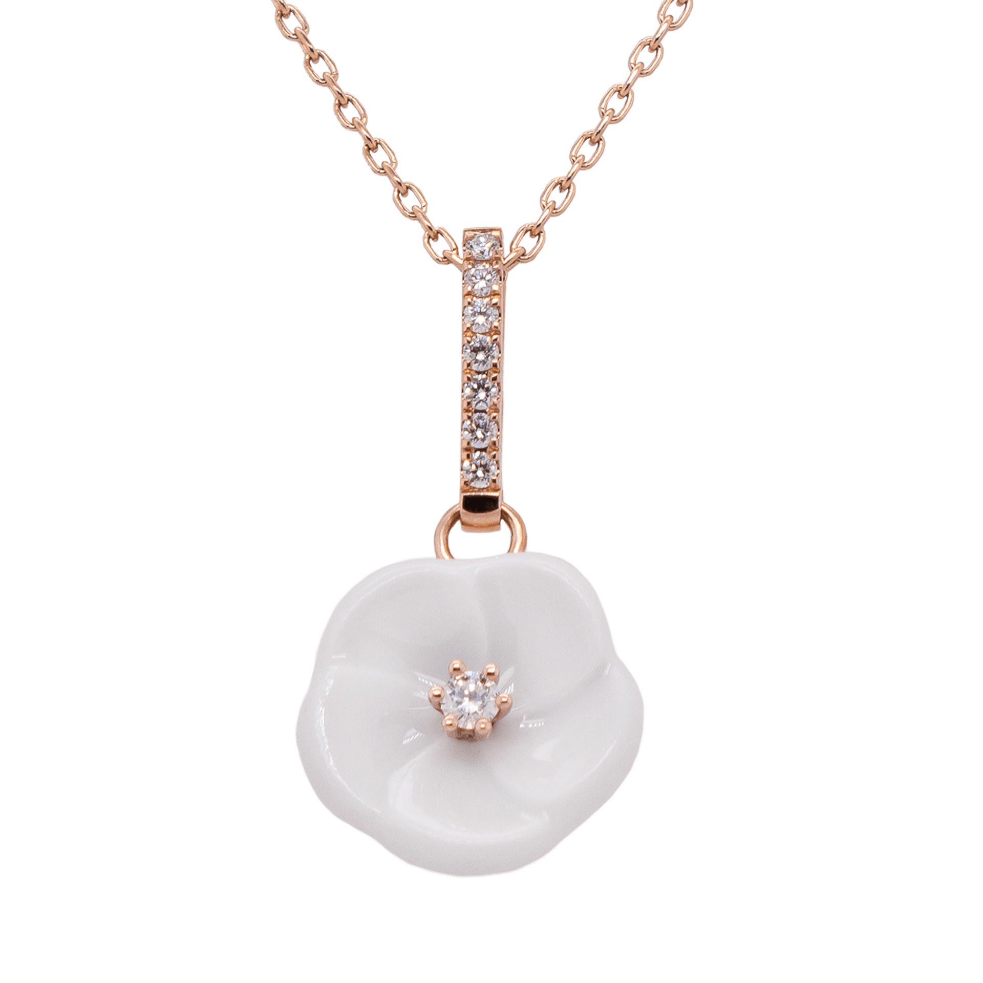 Collier, 750 Roségold, Länge 45/42 cm, 1 Porzellanblüte M, 8 Brillanten 0,13 ct, VS, fw, Vollschliff Gut | Meissen Royal Blossom Diamond MPJ20BL178C45 - Meissen Weimar