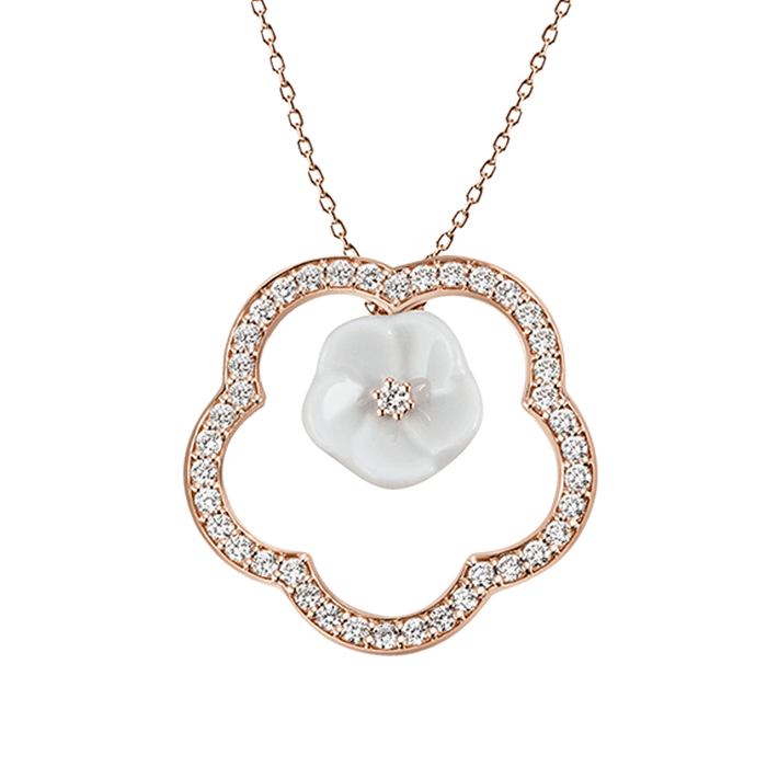 Collier, Roségold 750, 1 Blüte S Meissener Porzellan, 1 Pavé Frame L, zus. 41 Brillanten ca. 0,50 ct, VSI TW, Länge 45cm | Meissen 1739 Royal Blossom Frame