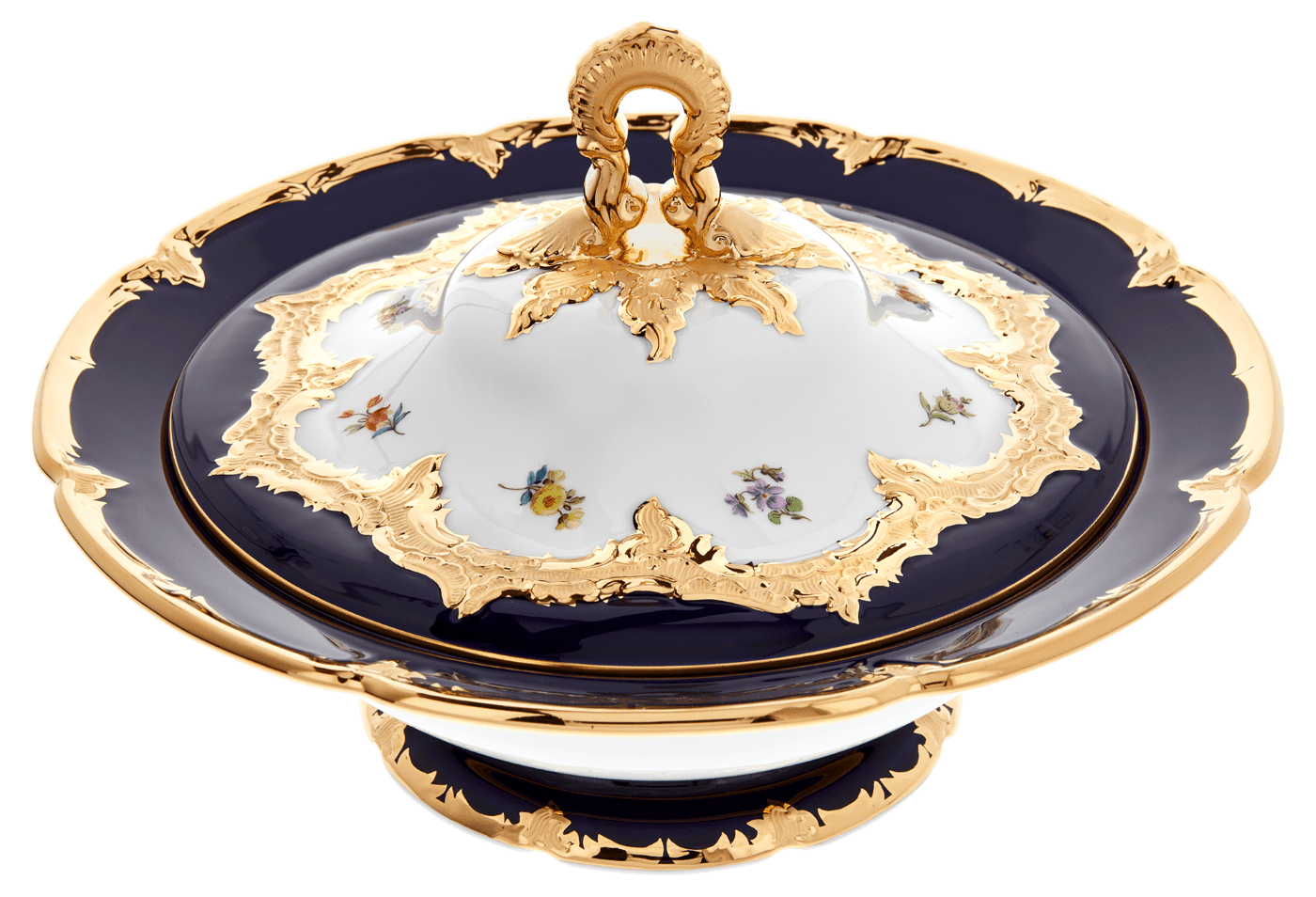 Deckelschüssel, gestreute Blümchen, königsblau glasiert, Goldbronze, V 1,2 l | Meissen B - Form 011079 - 15381 - Meissen Weimar
