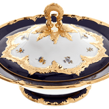 Deckelschüssel, gestreute Blümchen, königsblau glasiert, Goldbronze, V 1,2 l | Meissen B-Form