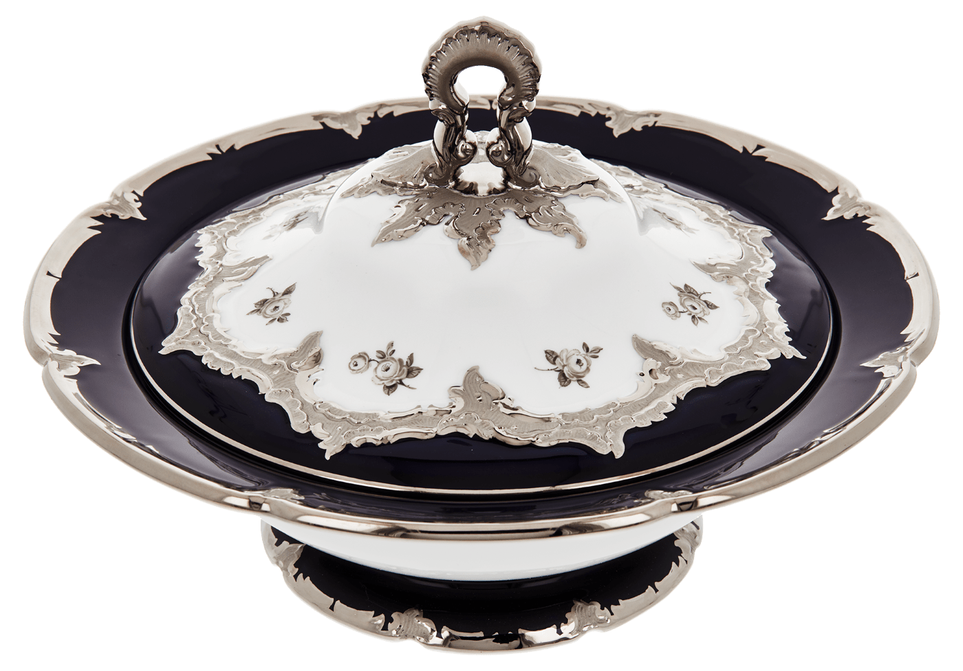 Deckelschüssel, Gestreute Röschen, weiß - grau, königsblau, Glanzplatin, V 1,2 l | Meissen B - Form 018677 - 15381 - Meissen Weimar