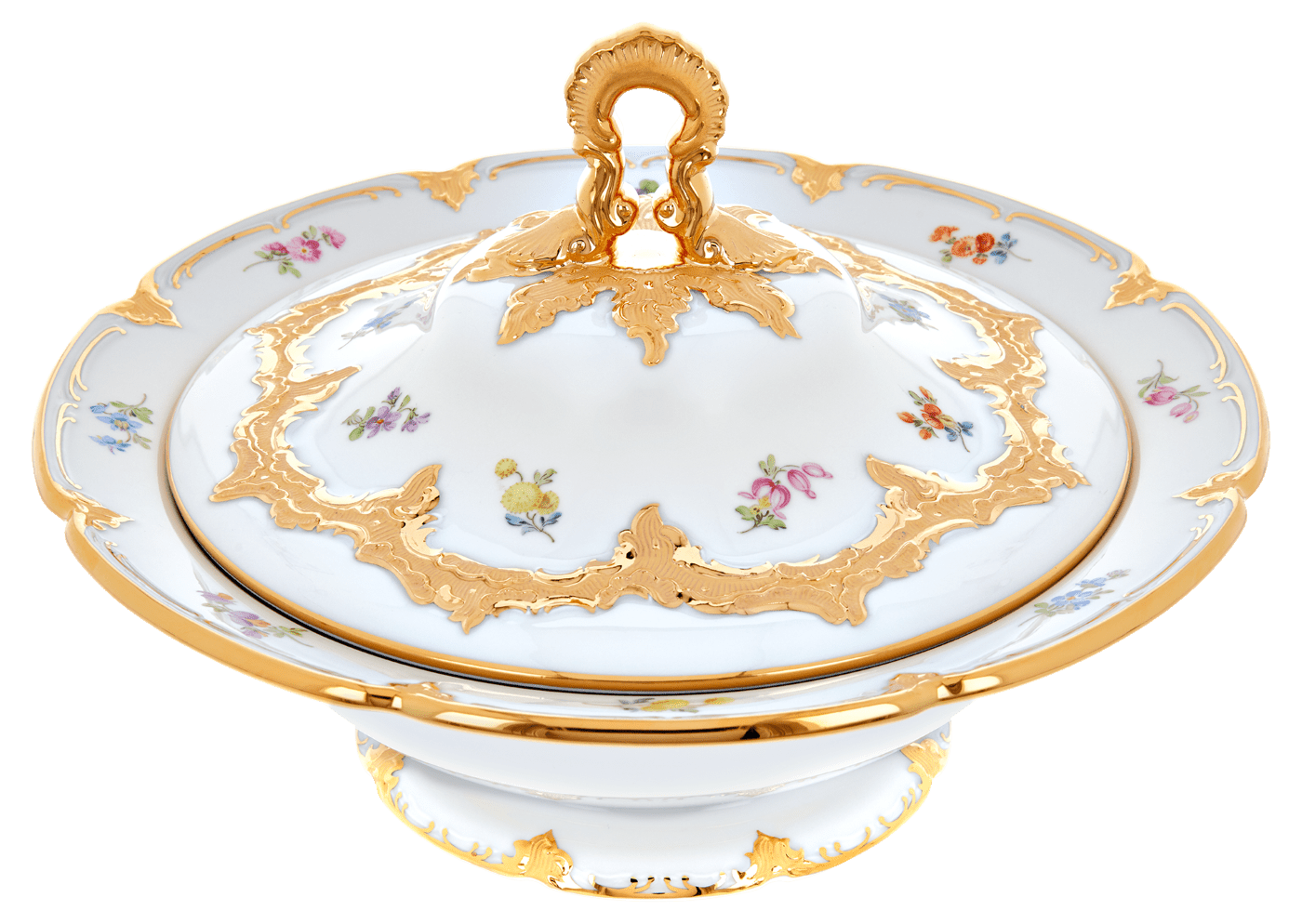 Deckelschüssel Goldbronze gestreute Blümchen Ø 27,5 cm | Meissen B - Form 010179 - 15381 - Meissen Weimar