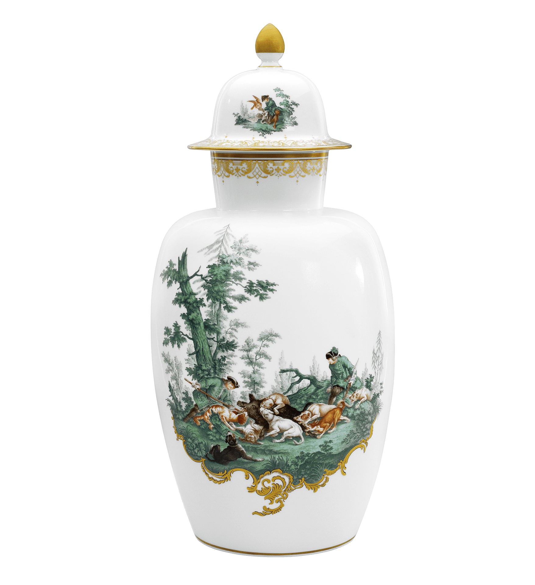Deckelvase Jagdszene, Weiß mit Gold, H 53 cm | Meissen Exklusiv - Kollektion 278480 - 51114 - Meissen Weimar