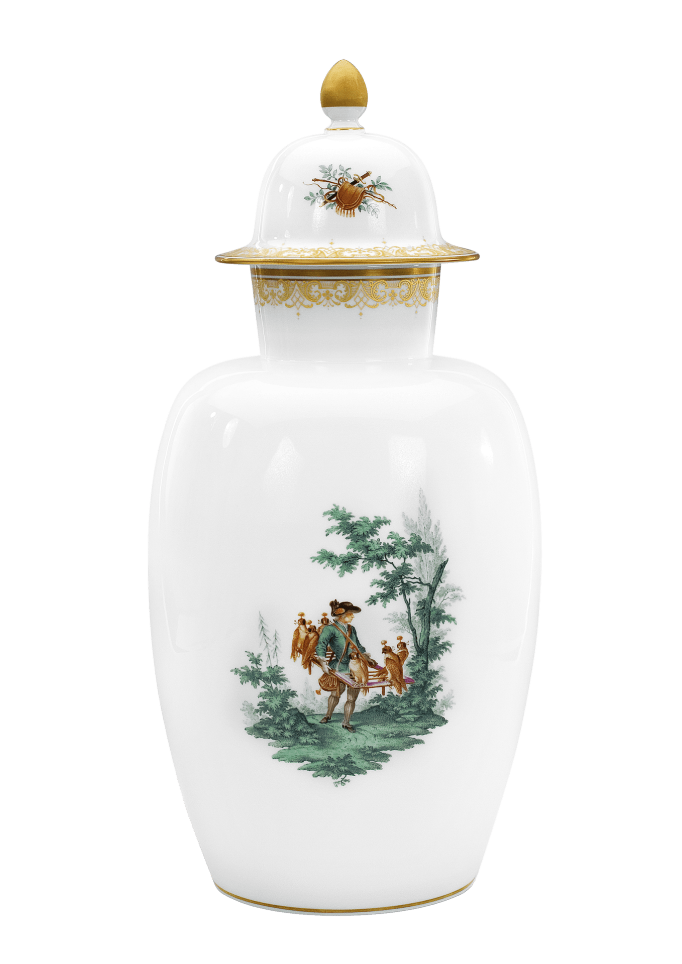 Deckelvase Jagdszene, Weiß mit Gold, H 53 cm | Meissen Exklusiv - Kollektion 278480 - 51114 - Meissen Weimar