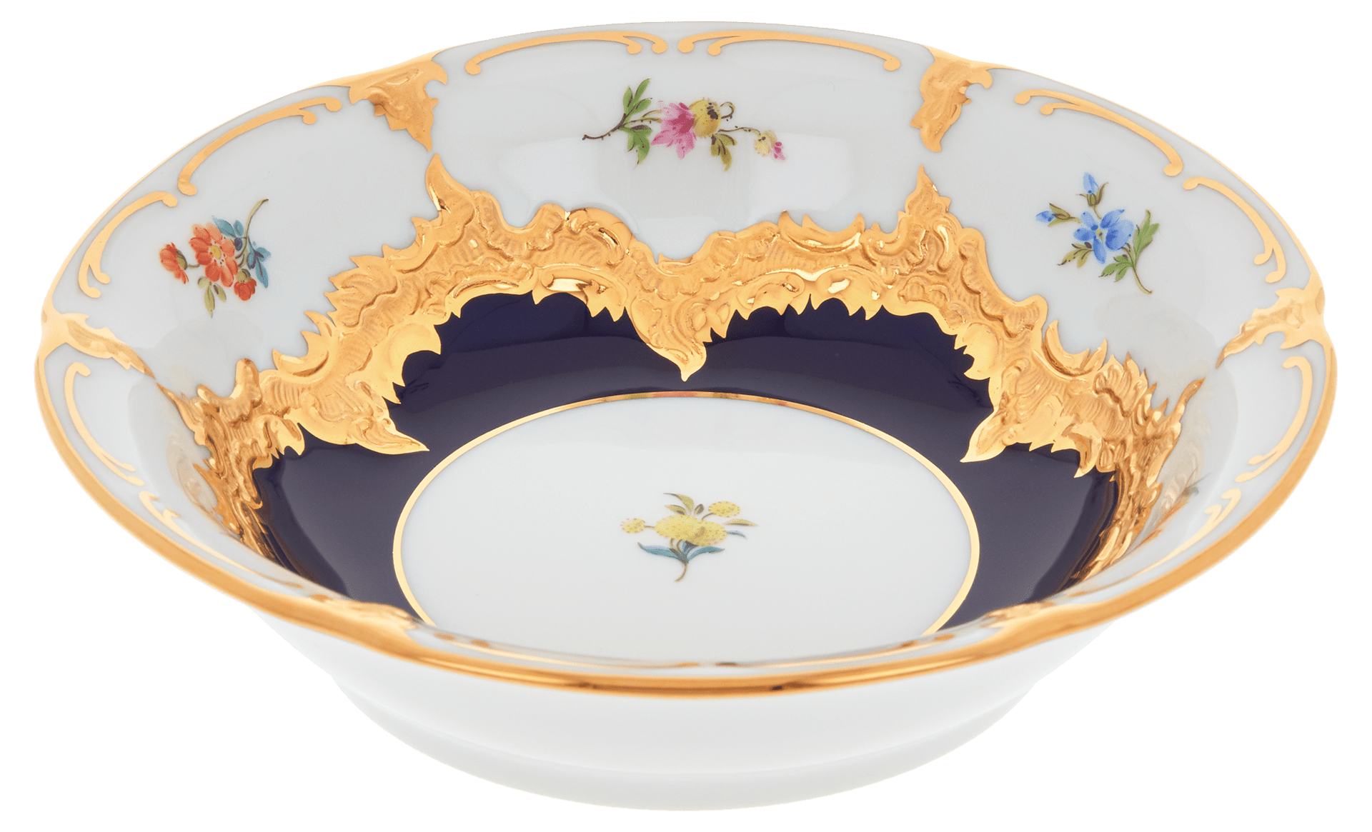 Dessertschale, gestreute Blümchen, königsblau glasiert, Goldbronze, L cm | Meissen B - Form 011079 - 15411 - Meissen Weimar