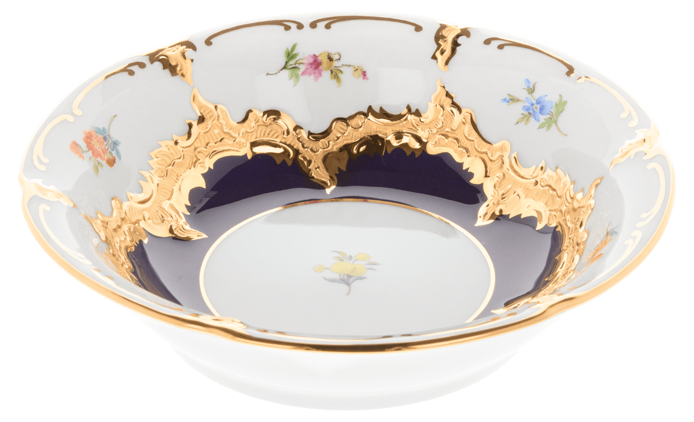 Dessertschale, gestreute Blümchen, königsblau glasiert, Goldbronze, L cm | Meissen B - Form 011079 - 15411 - Meissen Weimar