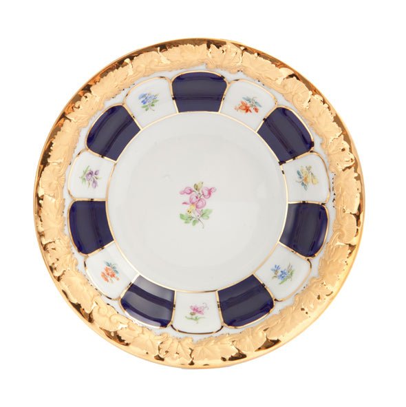 Dessertschale, gestreute Blümchen, königsblau glasiert, Goldbronze, Ø 14,8 cm | Meissen X - Form 011079 - 17411 - Meissen Weimar