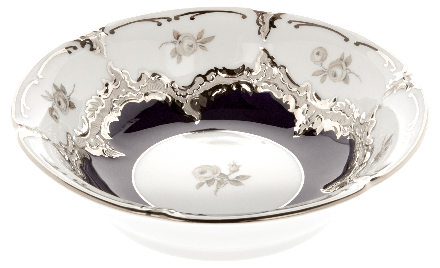 Dessertschale, Gestreute Röschen, weiß - grau, königsblau, Glanzplatin, L cm | Meissen B - Form 018677 - 15411 - Meissen Weimar