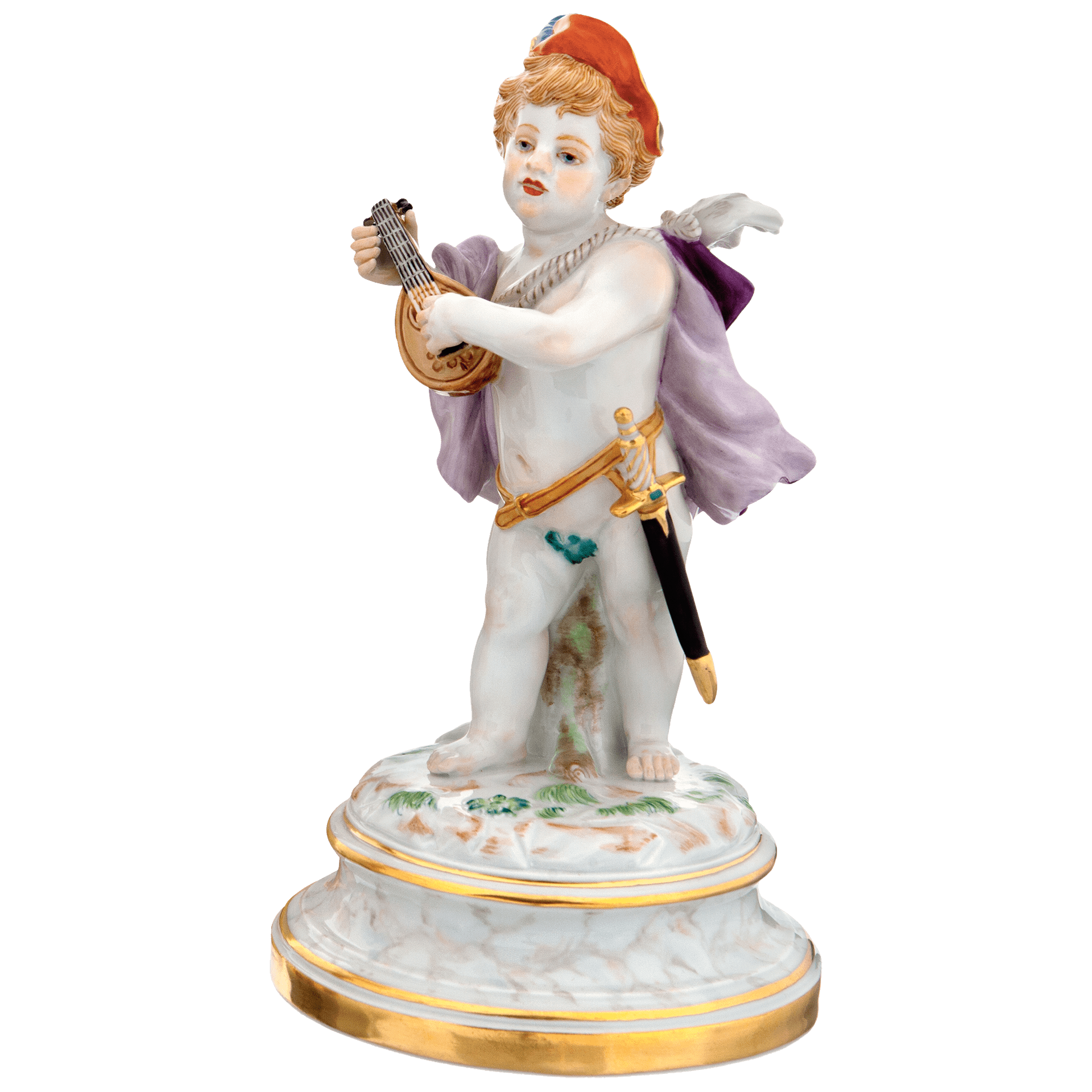 Einzelfigur Amor als Minnesänger mit Laute, handbemalt, H 20 cm | Meissen Einzelplastik 900300 - 70688 - Meissen Weimar