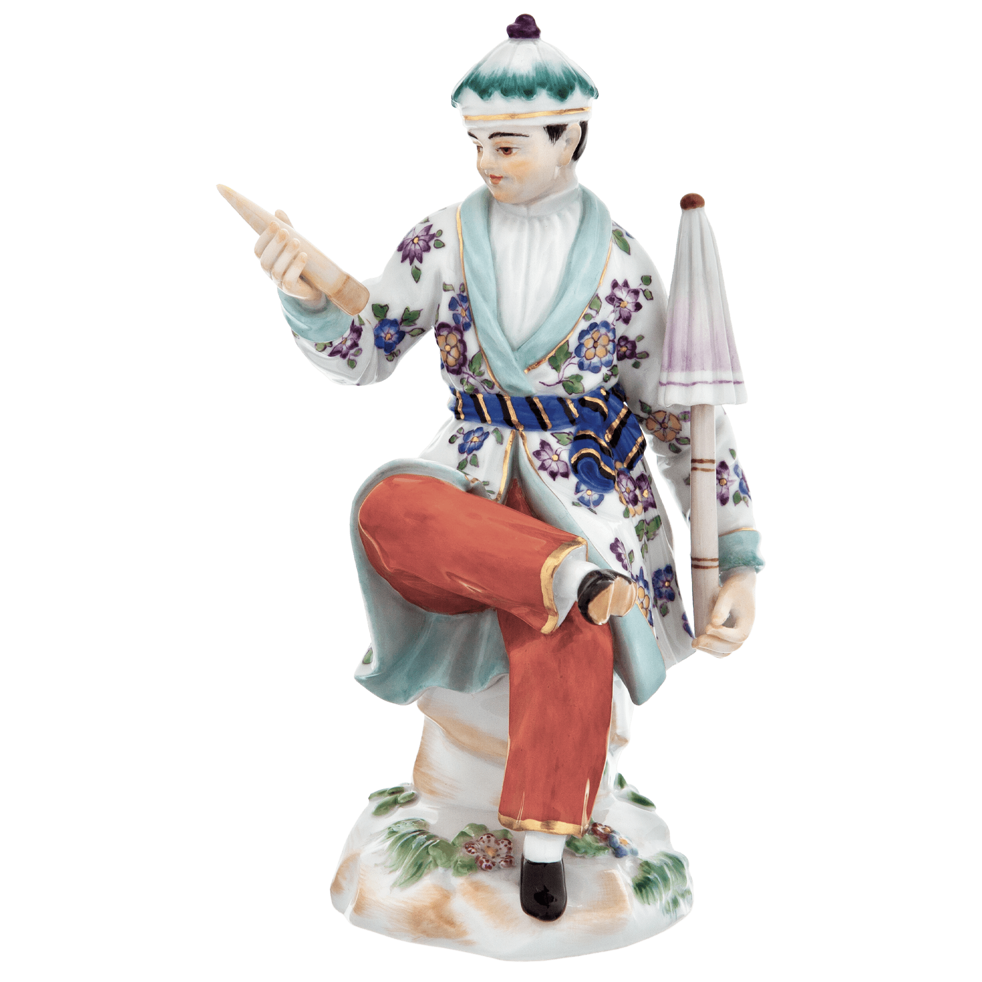 Einzelfigur Asiate mit Schirm, bunt und gold staffiert, H 11 cm | Meissen Figuren Individuell 900300 - 65650 - Meissen Weimar