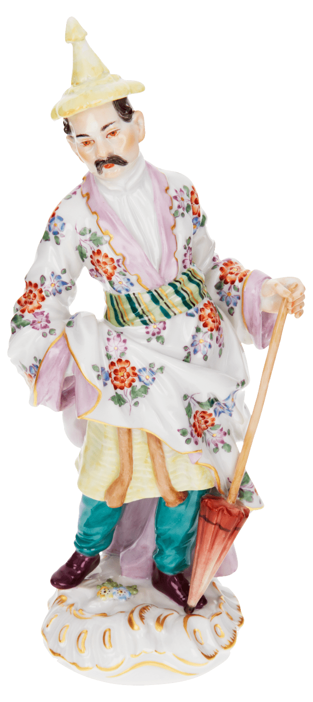 Einzelfigur Asiate mit Schirm, Bunt und gold staffiert, H 17,5 cm | Meissen Figuren Individuell 900300 - 65647 - Meissen Weimar