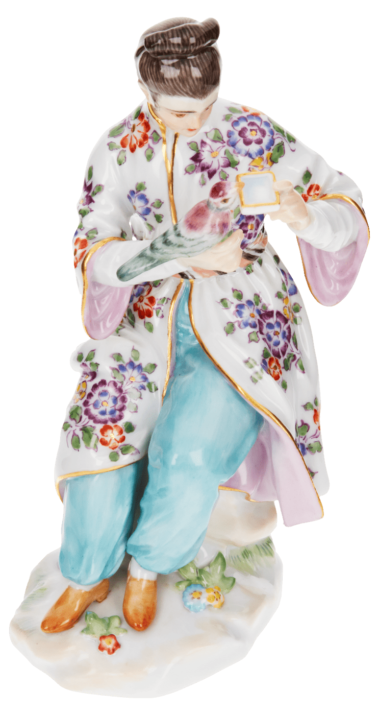 Einzelfigur Asiatin mit Vogel, bunt und gold staffiert, H 13 cm | Meissen Einzelplastik 900300 - 65651 - Meissen Weimar