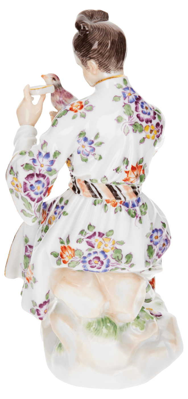Einzelfigur Asiatin mit Vogel, bunt und gold staffiert, H 13 cm | Meissen Einzelplastik 900300 - 65651 - Meissen Weimar