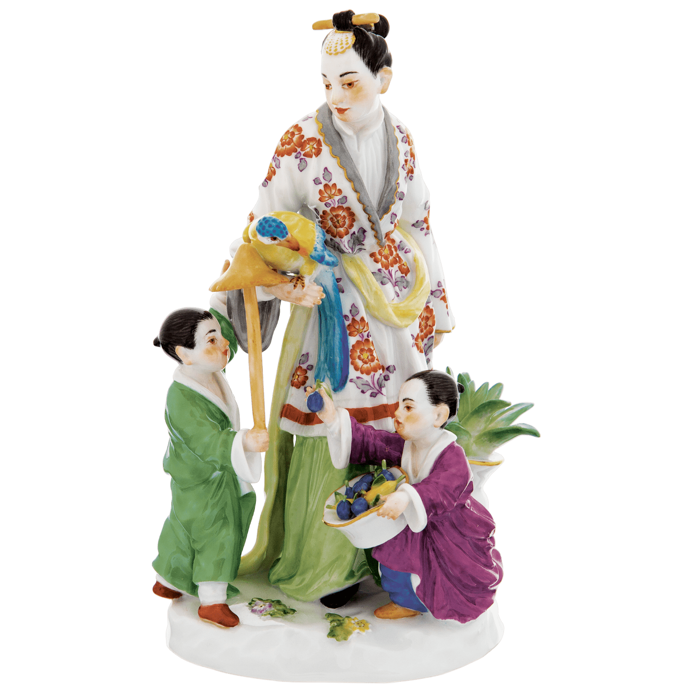 Einzelfigur Asiatin mit zwei Kindern, bunt und gold staffiert, H 16 cm | Meissen Figuren Individuell 900300 - 65648 - Meissen Weimar