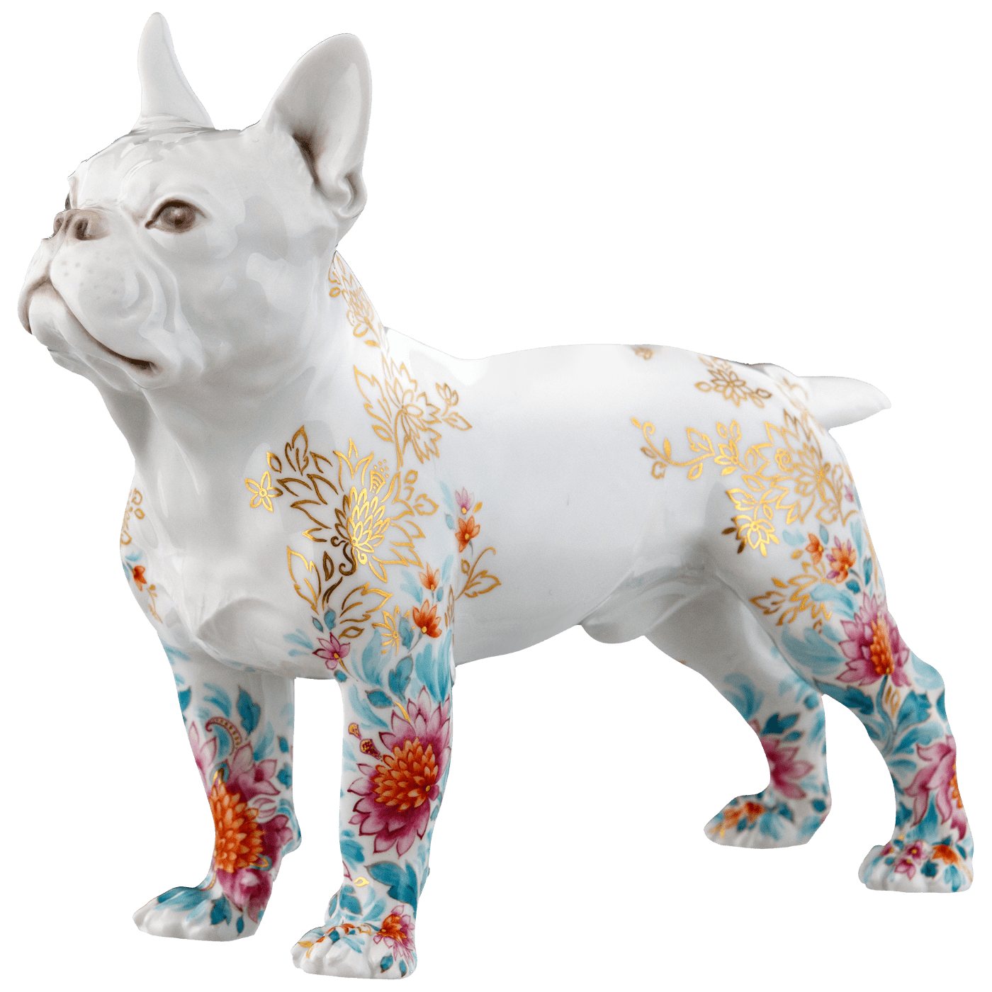 Einzelfigur Bulldogge, Rote Blüten, H 16,5 cm | Meissen Figuren Individuell 90a408 - 78769 - Meissen Weimar